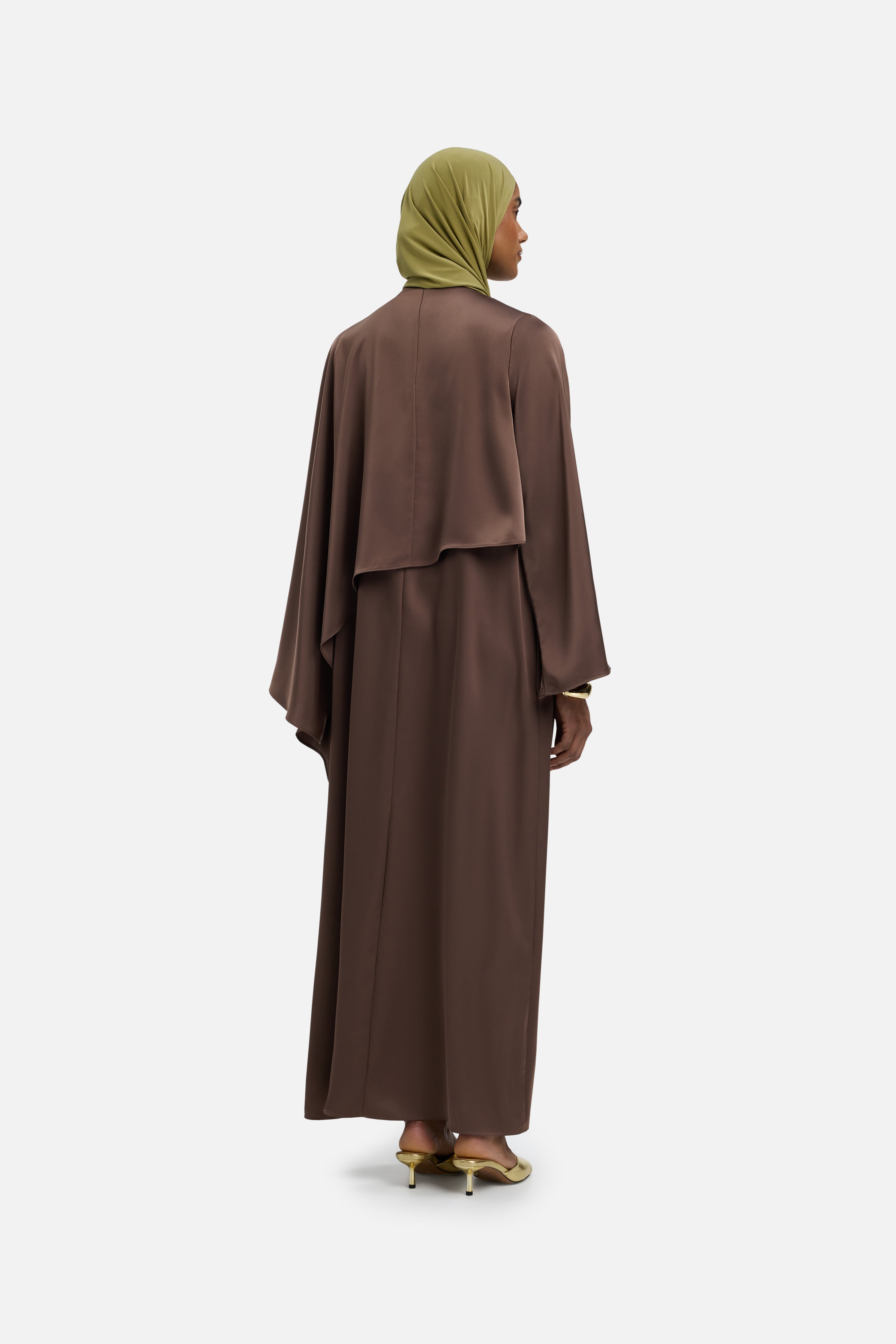 Back view model wearing brown dress