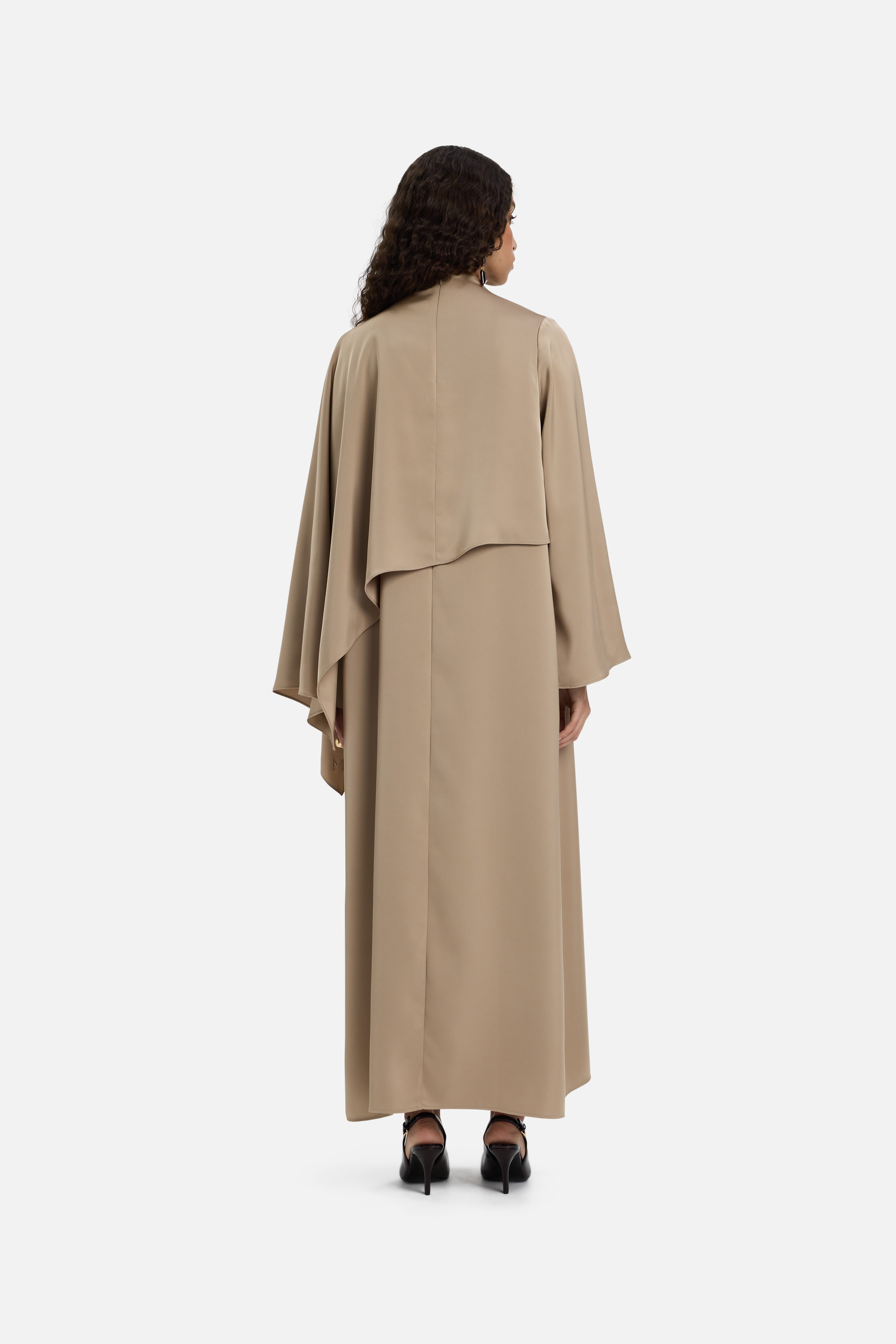 Back view model wearing mocha colored dress
