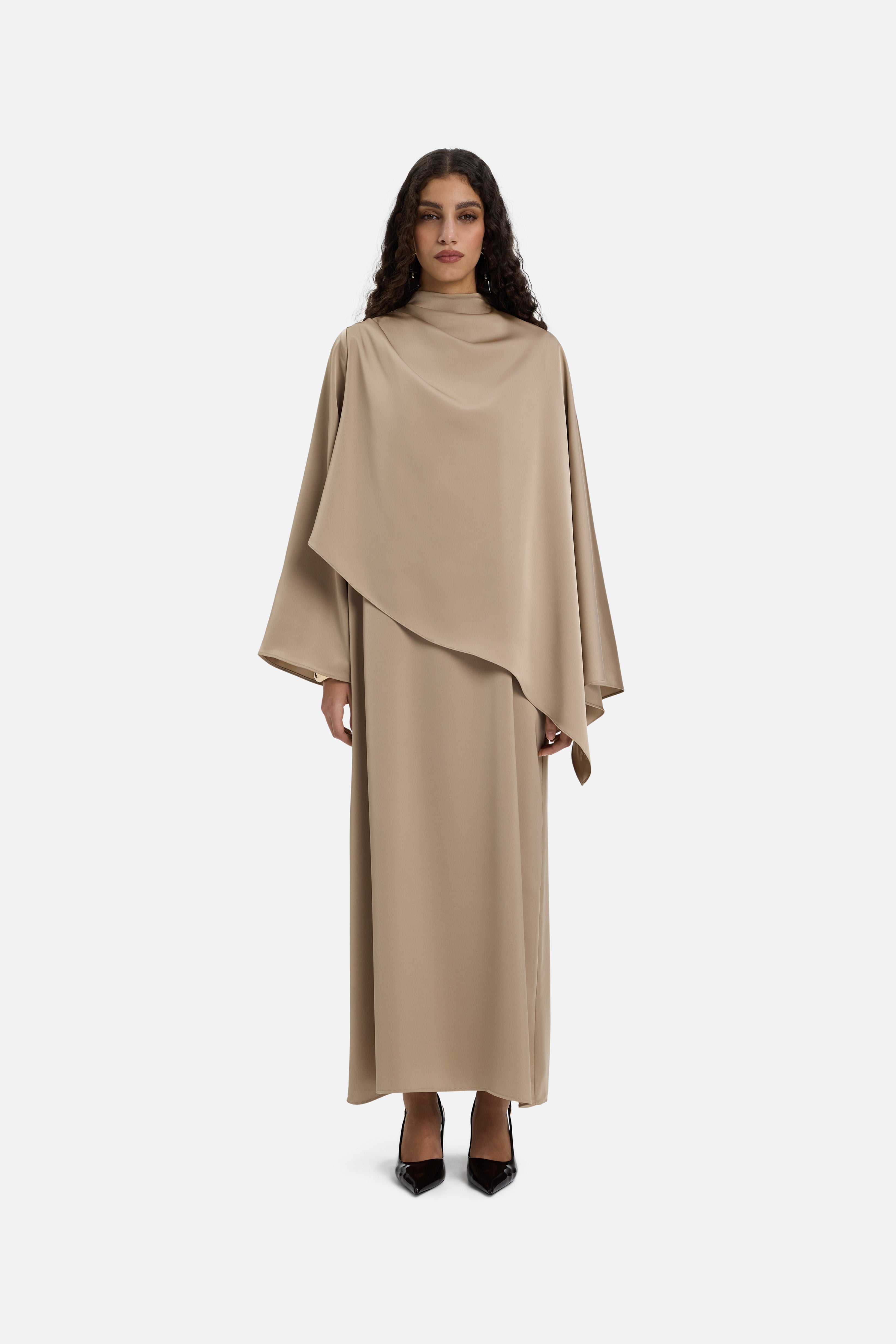 Asymmetric Cape Dress | Mocha | MERRACHI Asymmetric Cape Dress | Mocha | MERRACHI