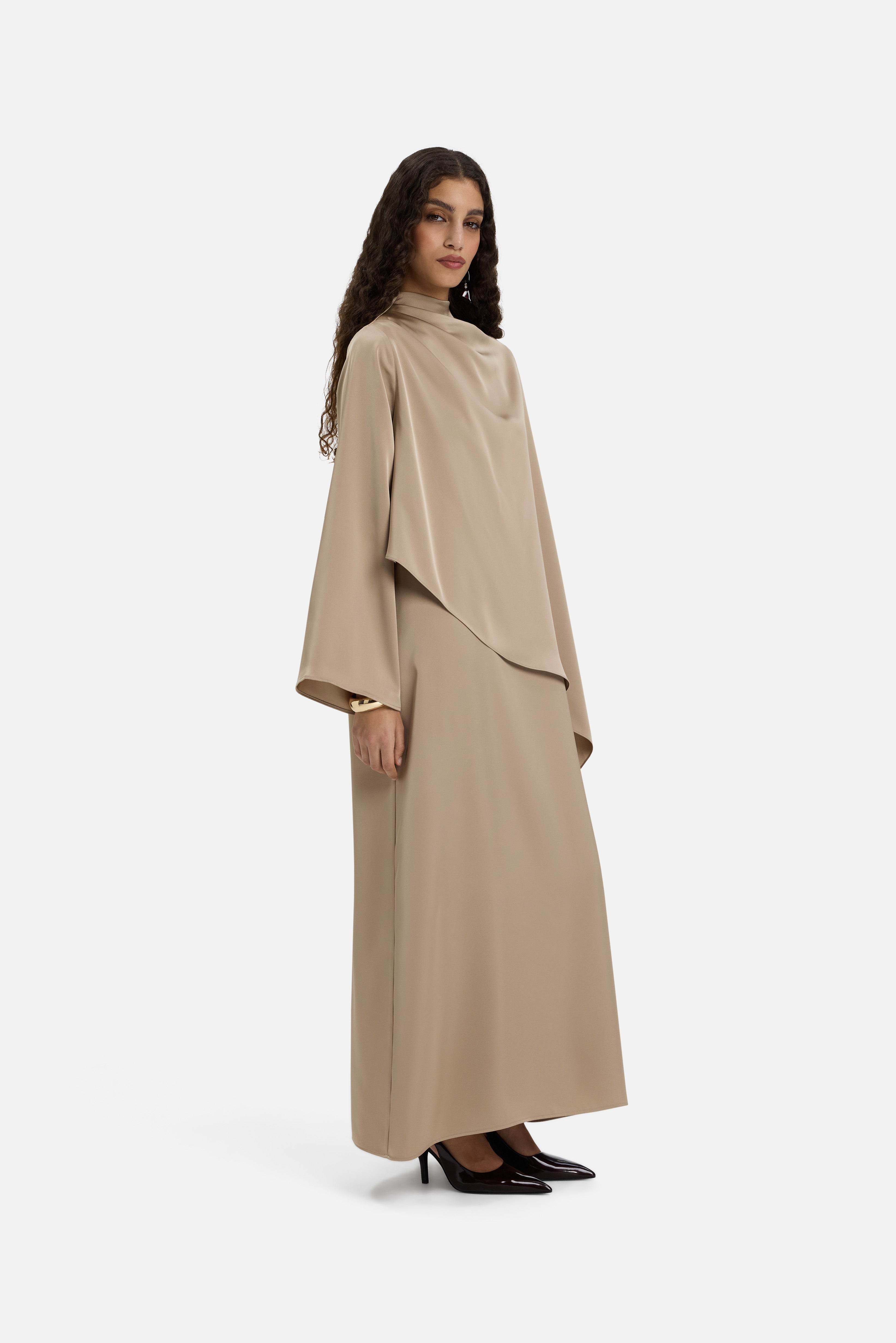 Side view model wearing mocha colored dress