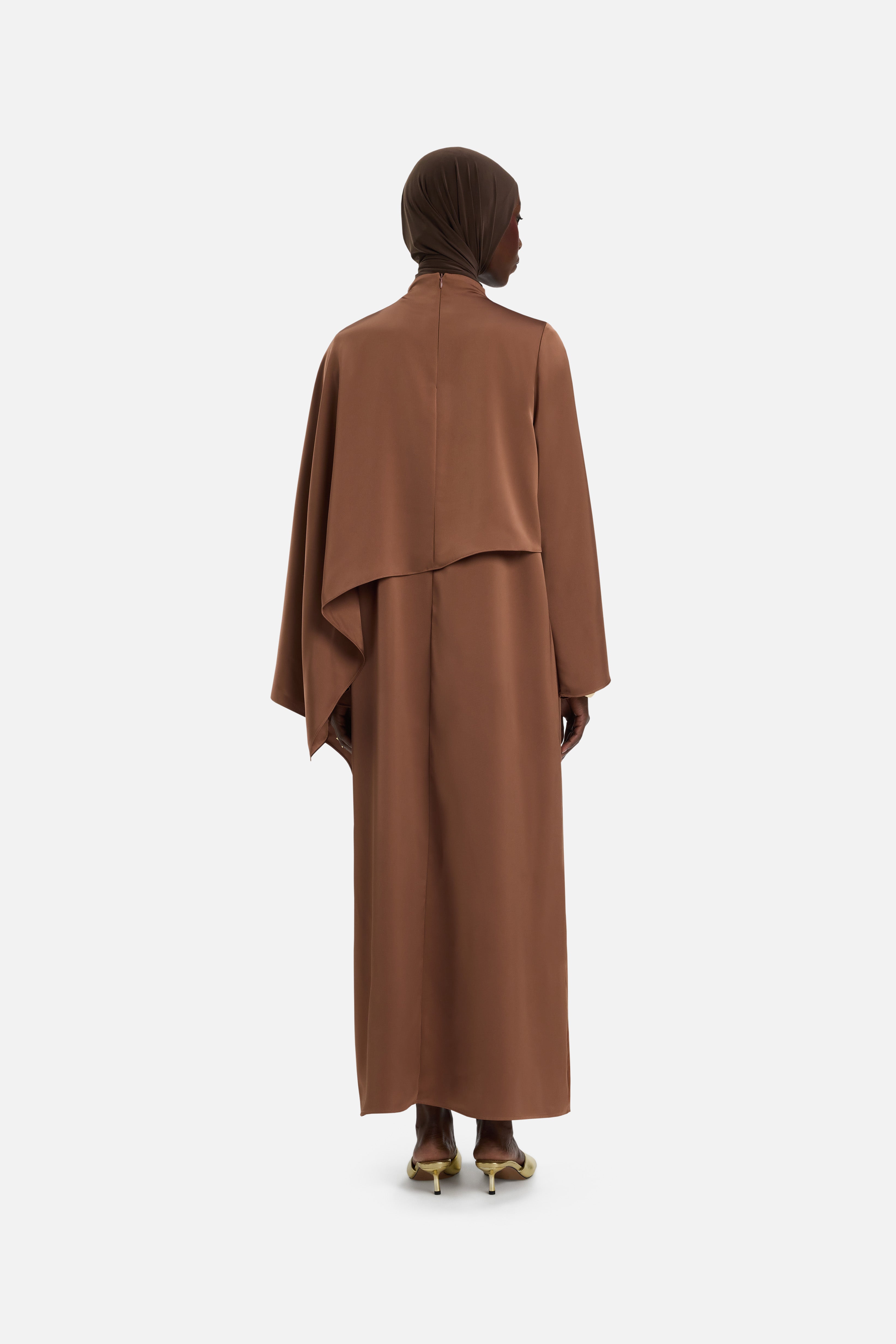 Back view model wearing bordeaux dress