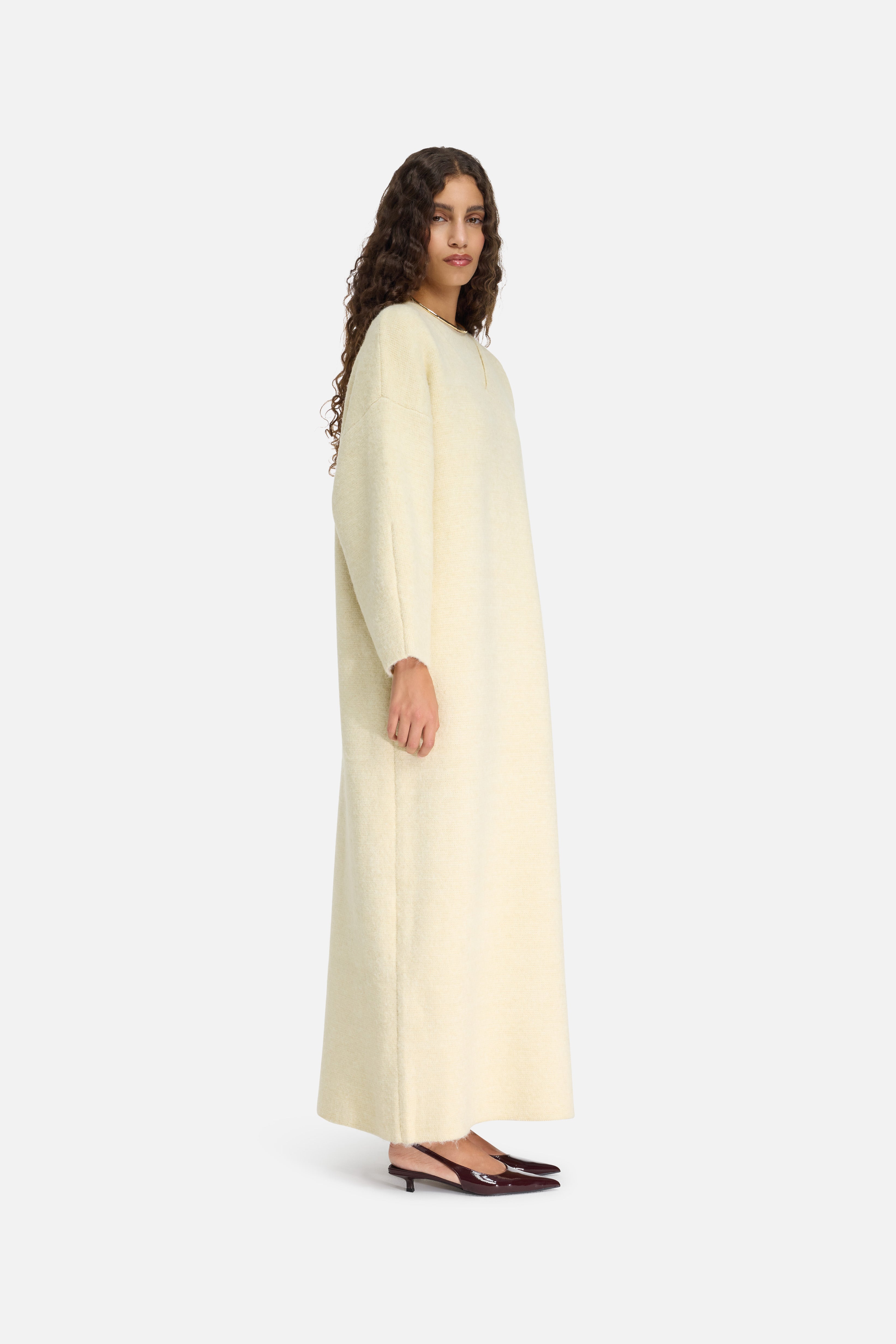 Brushed Knit V-Neck Dress | Cloud White