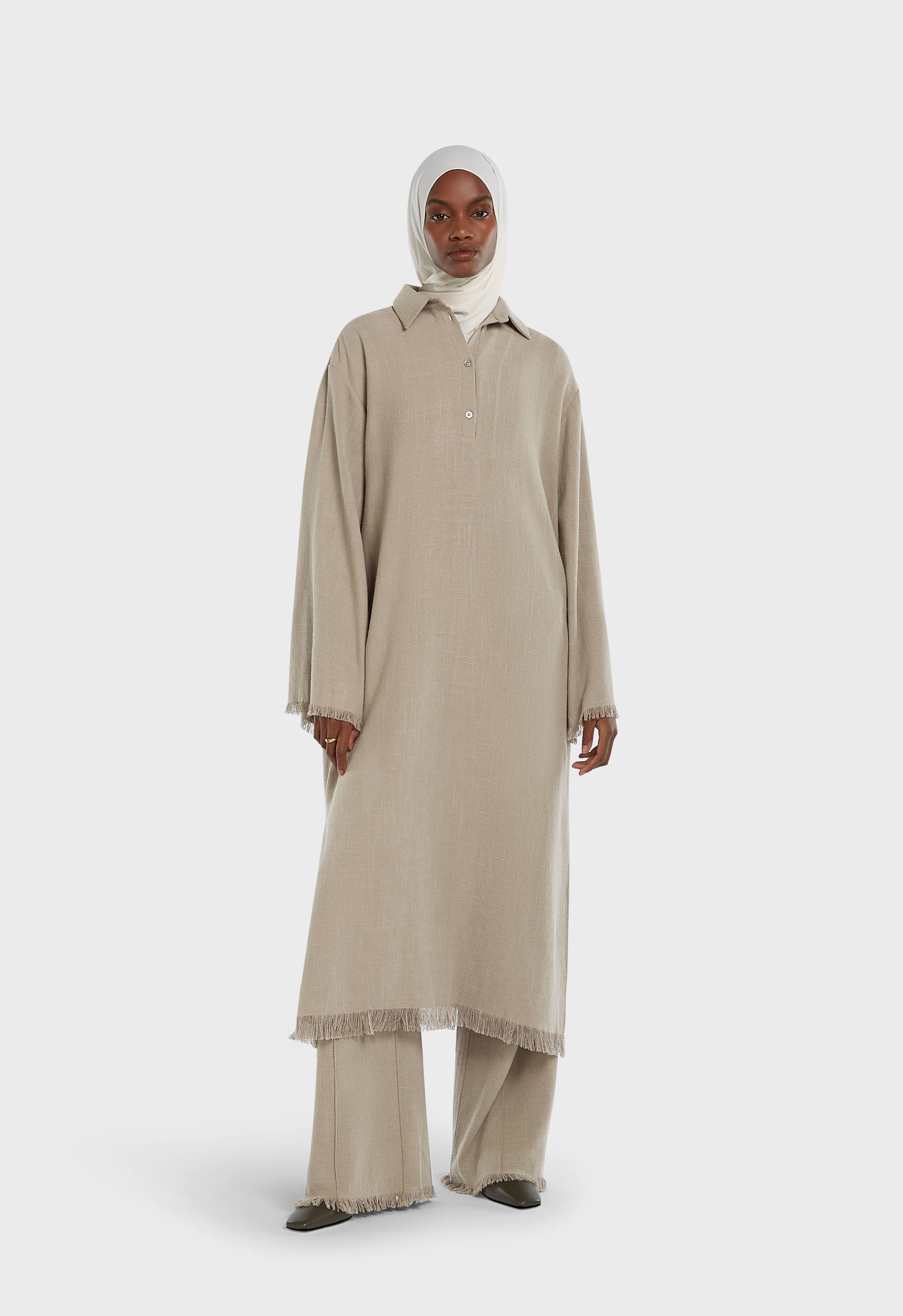 Frayed Hem Shirt Dress | Desert Brown