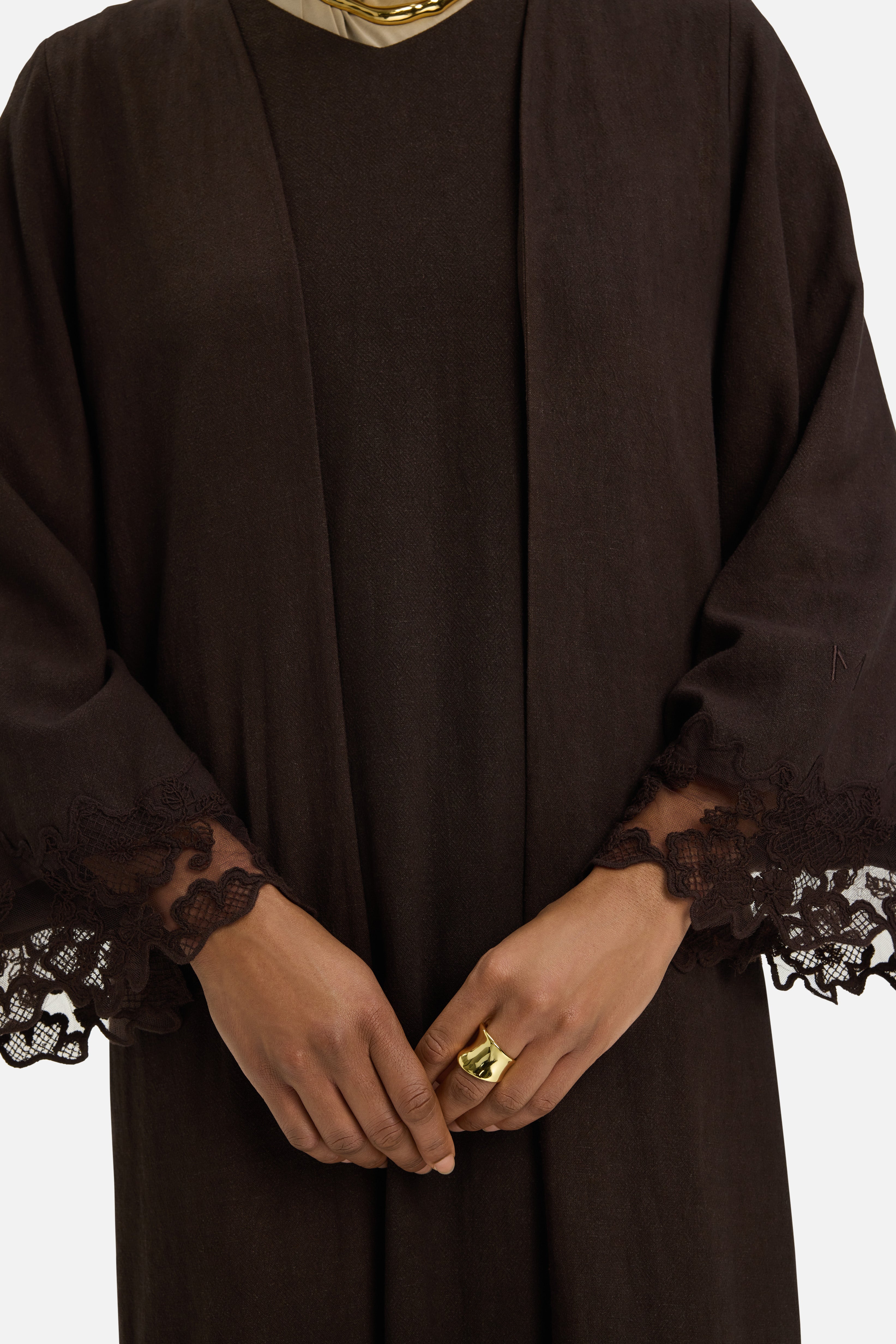 Lace Trim Abaya | Dark Brown