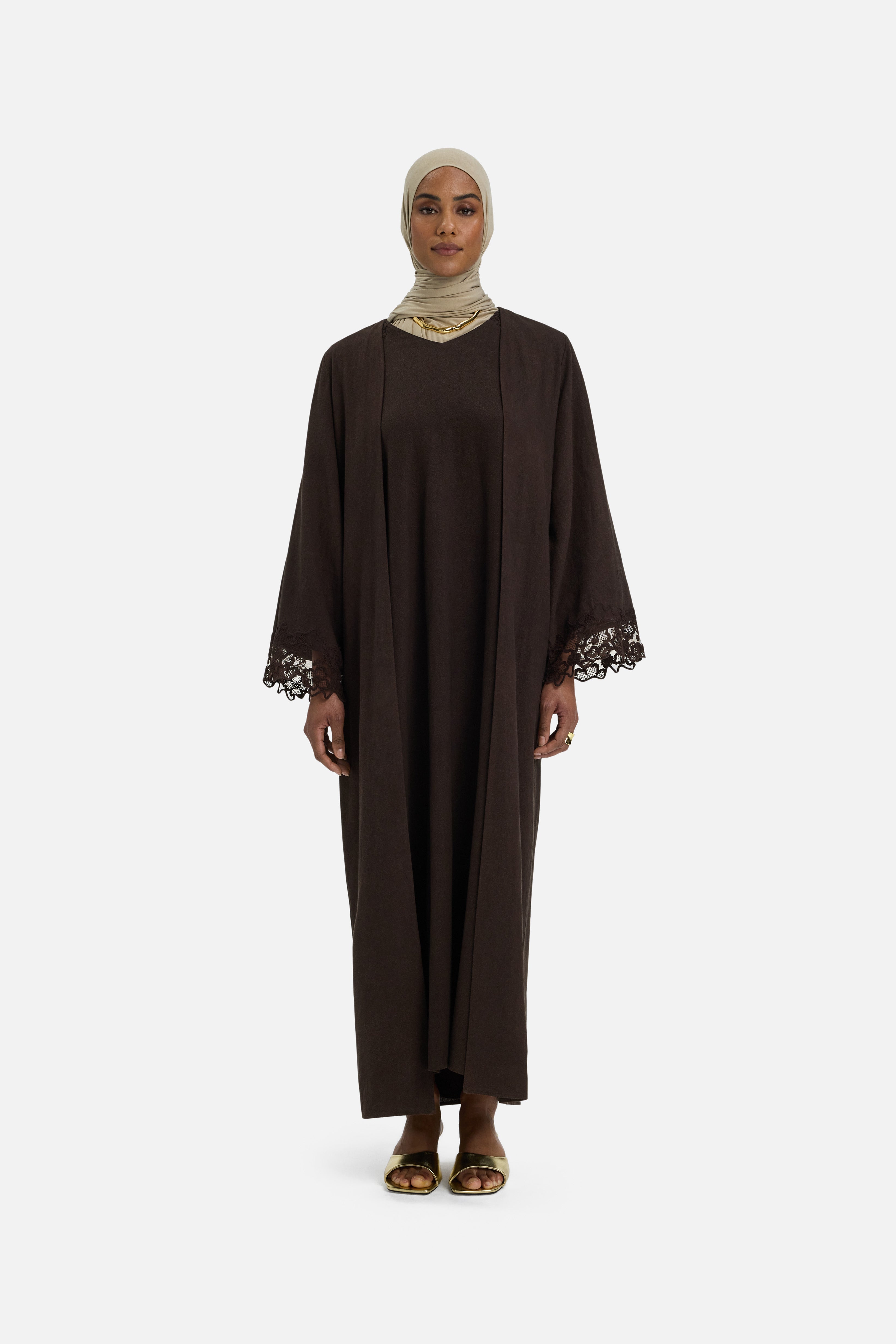 Lace Trim Abaya | Dark Brown