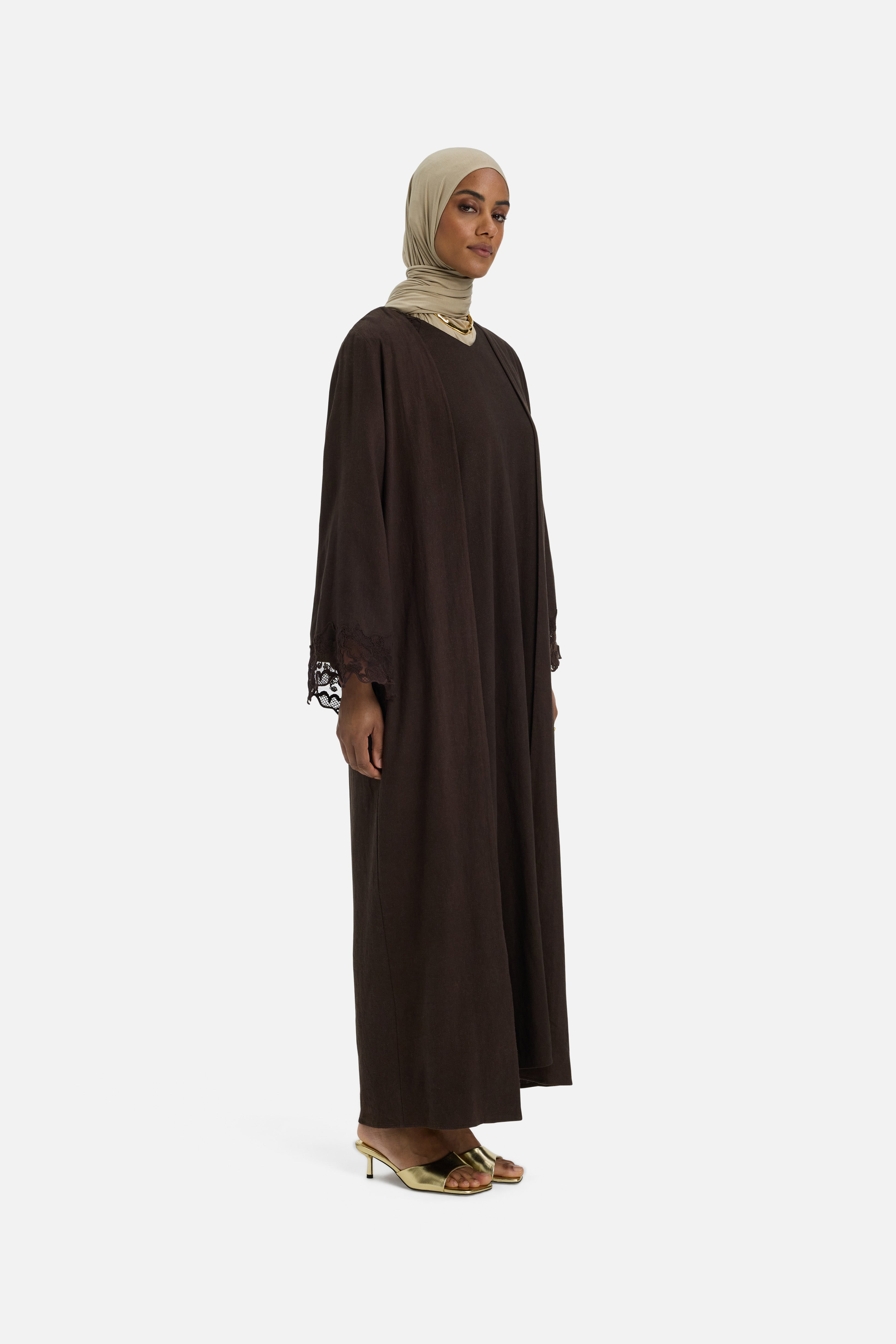 Lace Trim Abaya | Dark Brown