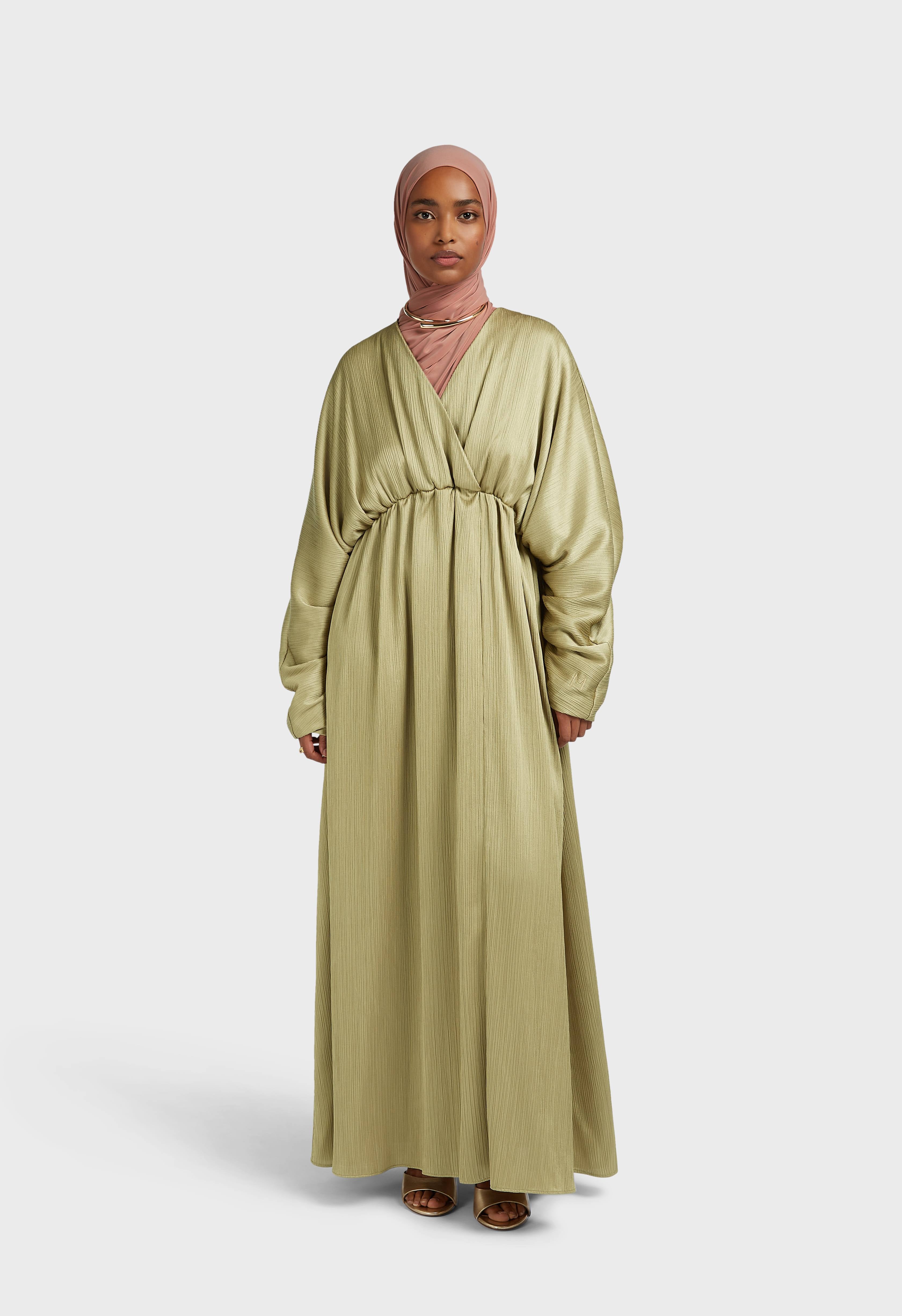 Plisse Gathered Dress | Grey Green | MERRACHI Plisse Gathered Dress | Grey Green | MERRACHI