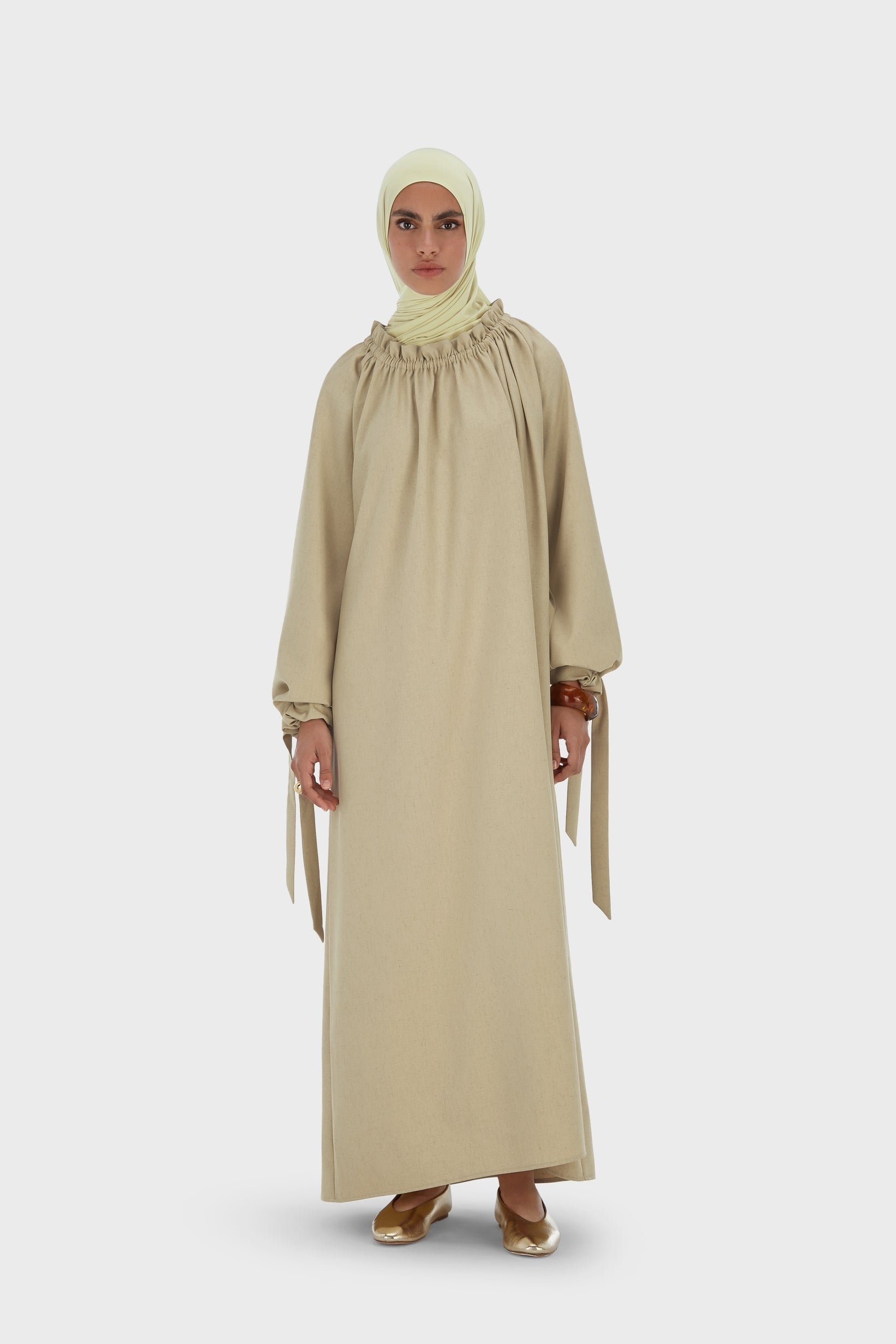 Gathered Neck Dress | Warm Khaki | MERRACHI Gathered Neck Dress | Warm Khaki | MERRACHI