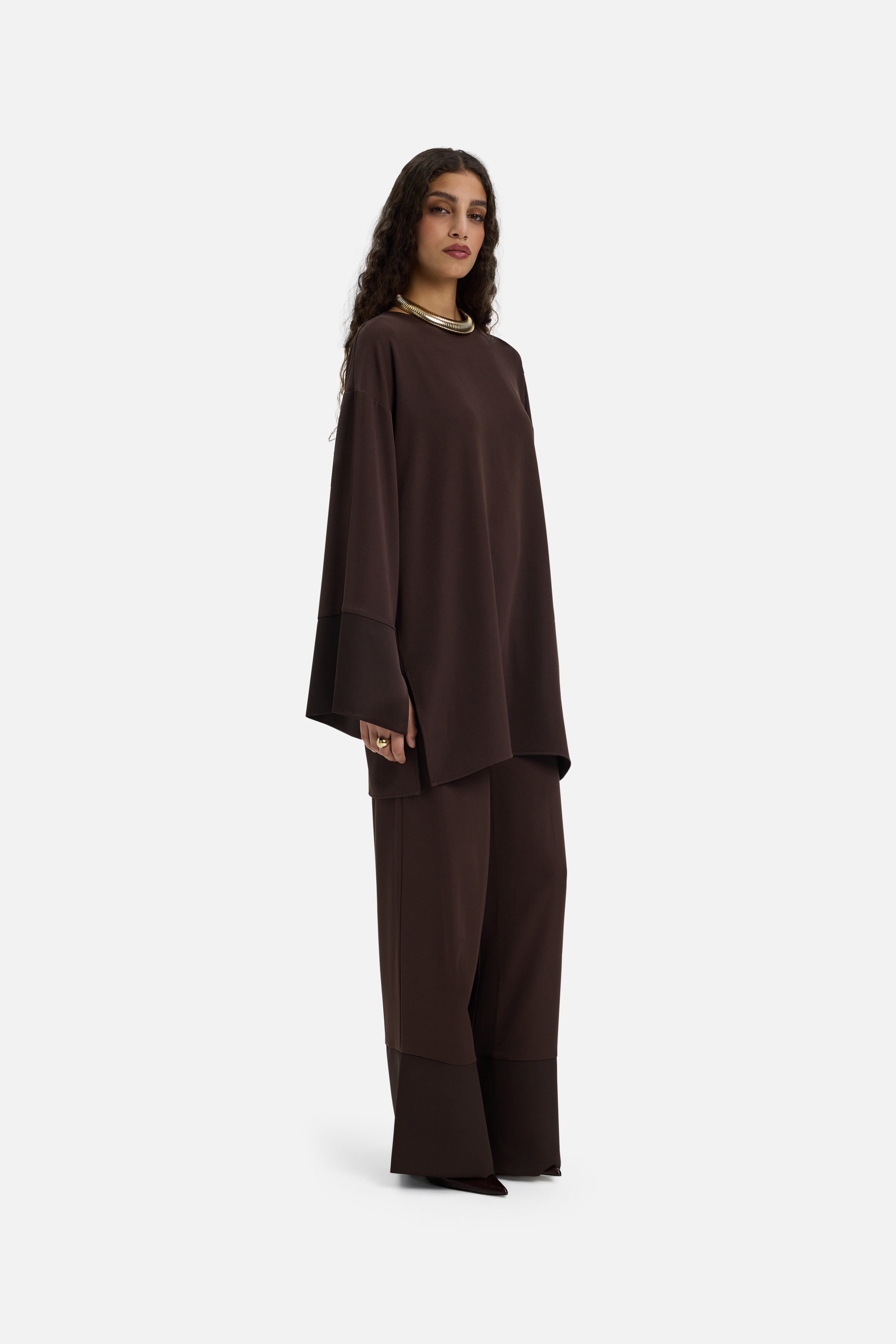 Satin Trim Trouser | Dark Brown