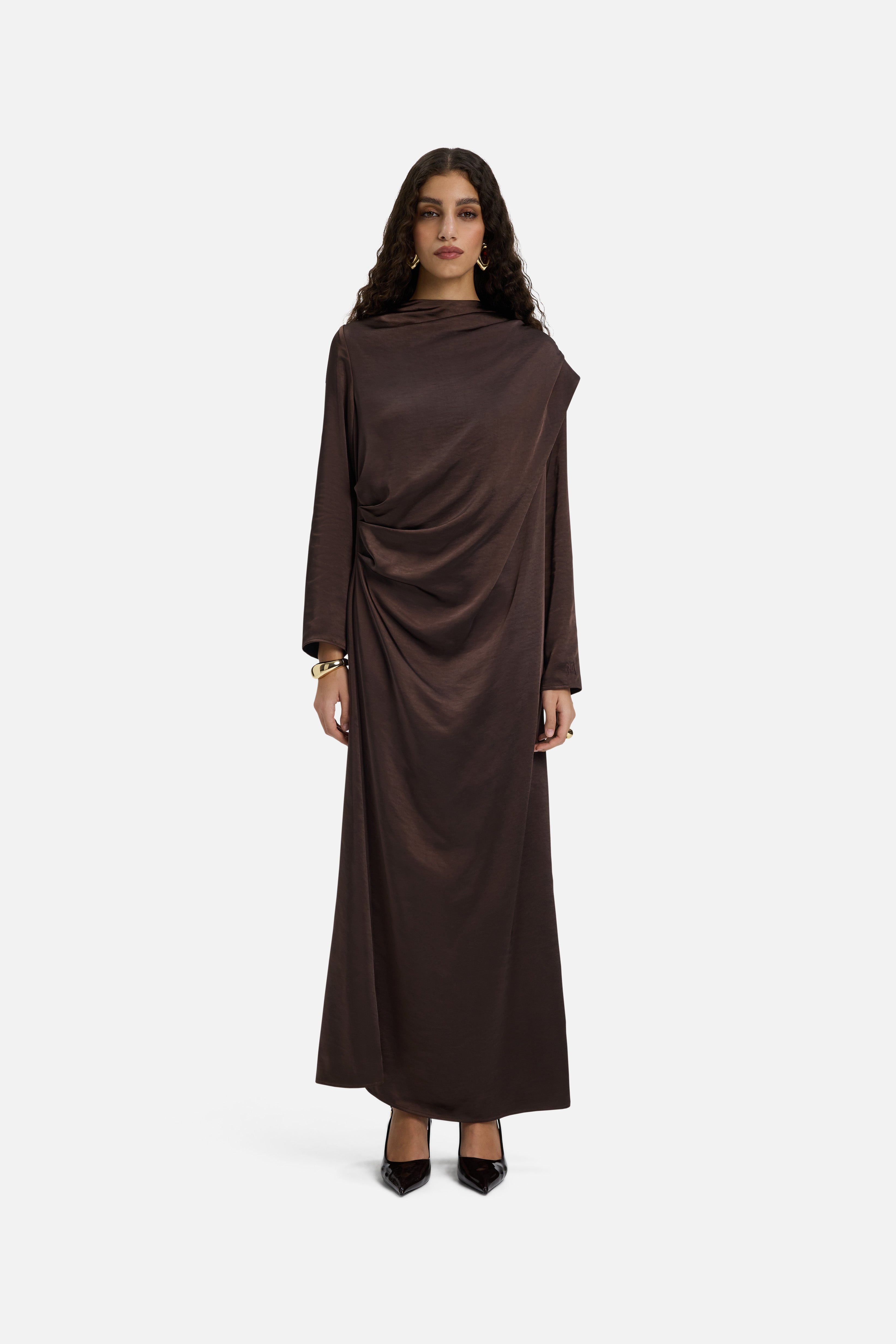 Shoulder Drape Dress | Dark Brown Shoulder Drape Dress | Dark Brown