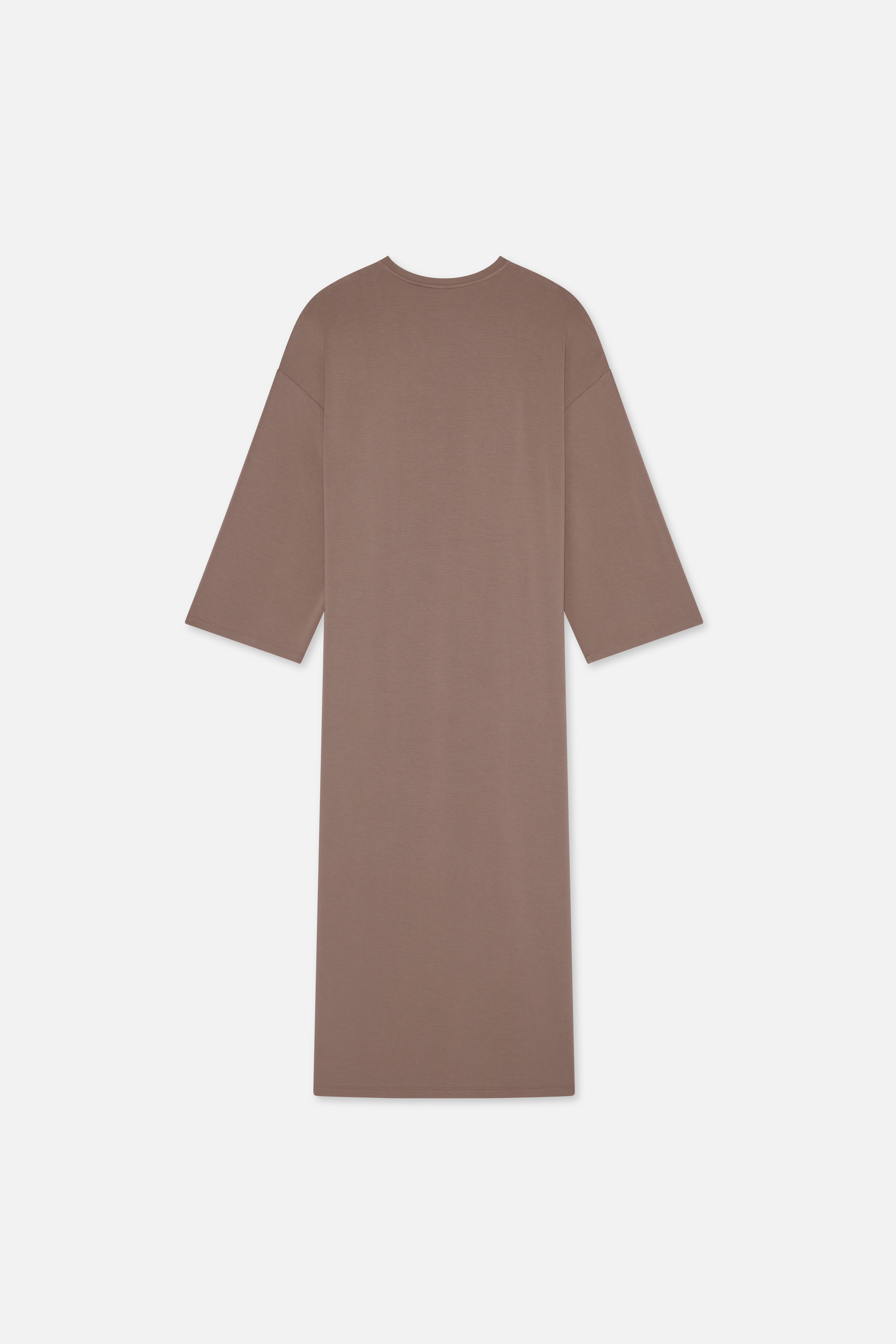 Flat lay taupe MERRACHI dress, back view