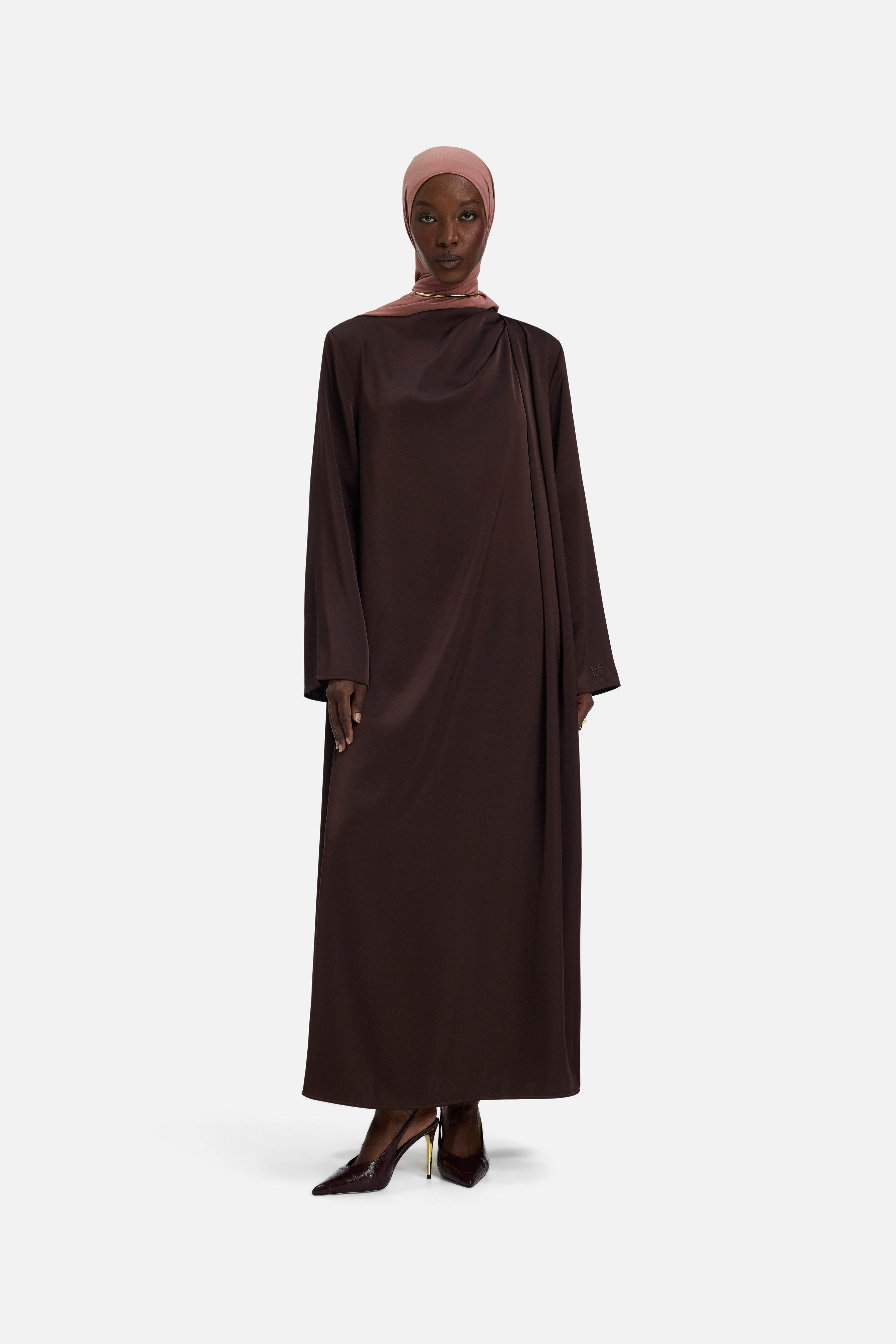 Front view model wearing dark brown dress