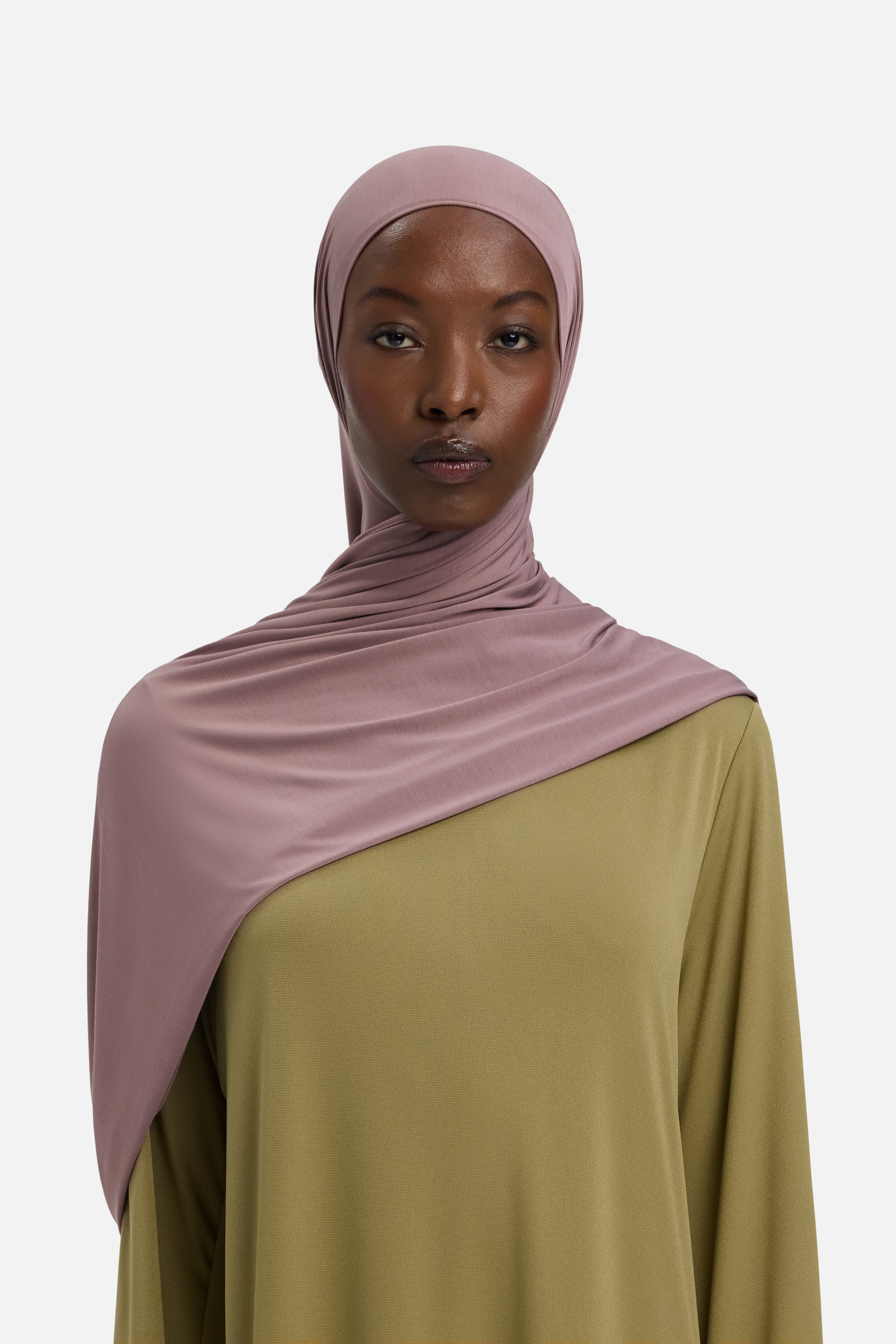 Model wearing purple MERRACHI headscarf, front view