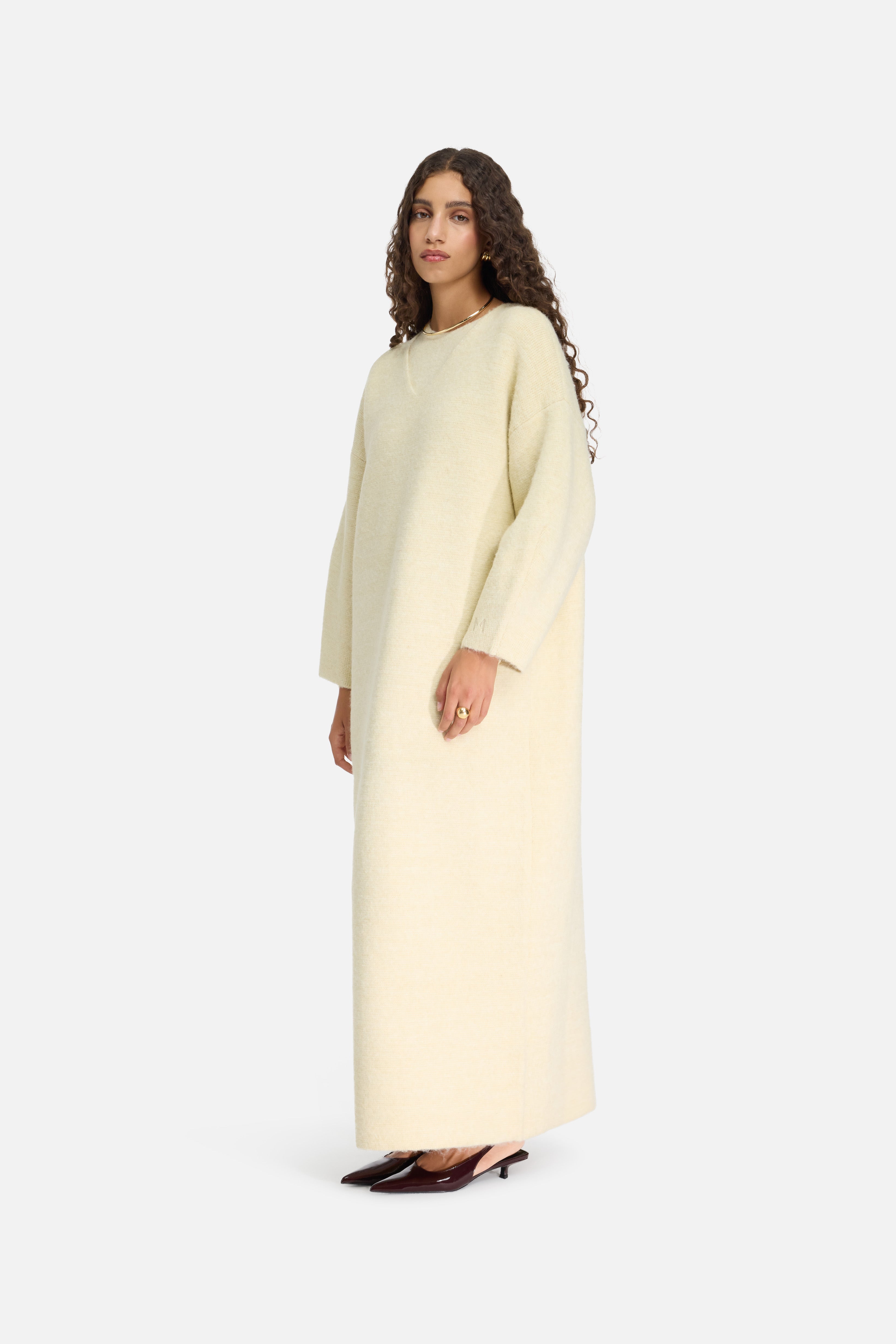 Brushed Knit V-Neck Dress | Cloud White