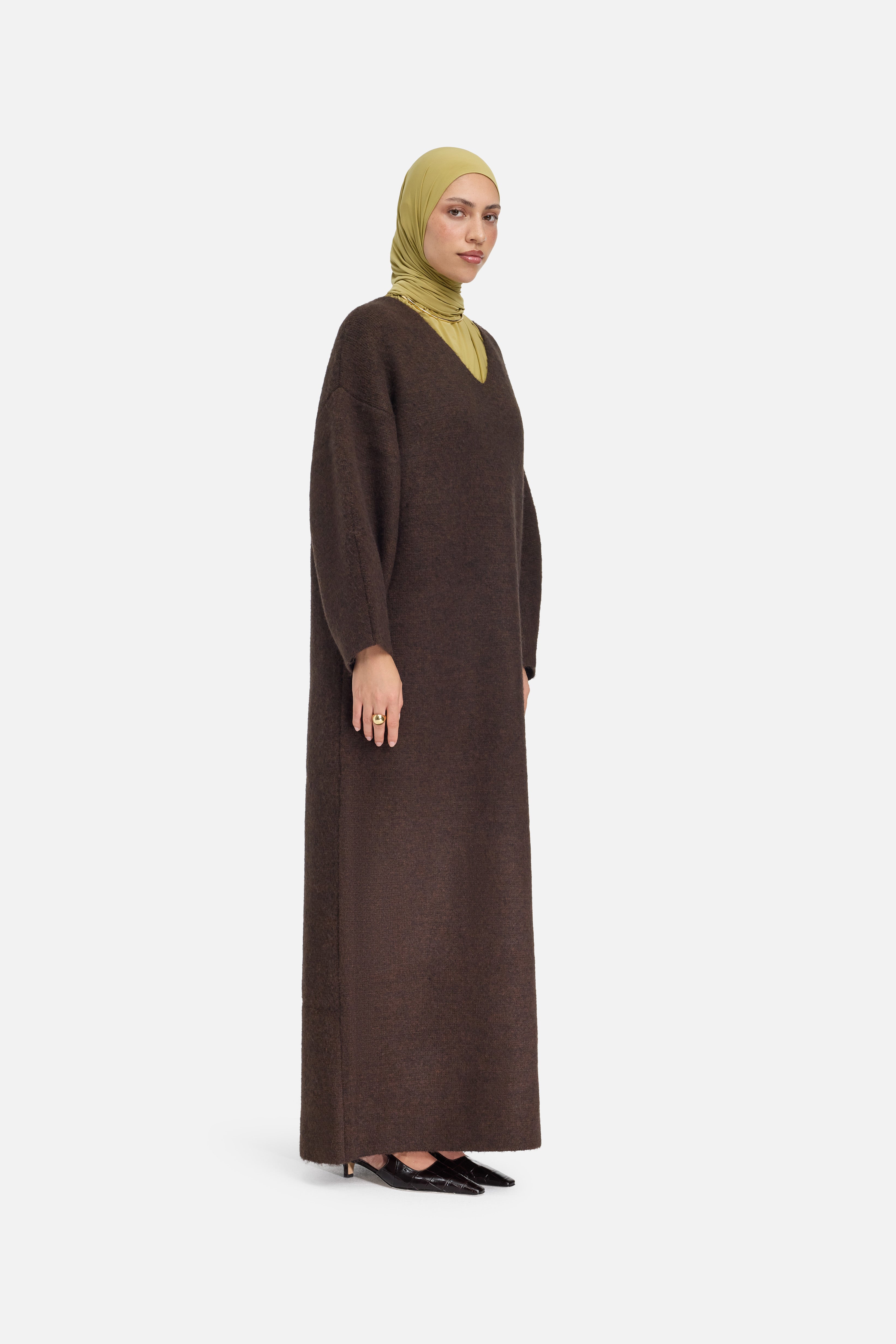 Brushed Knit V-Neck Dress | Dark Brown