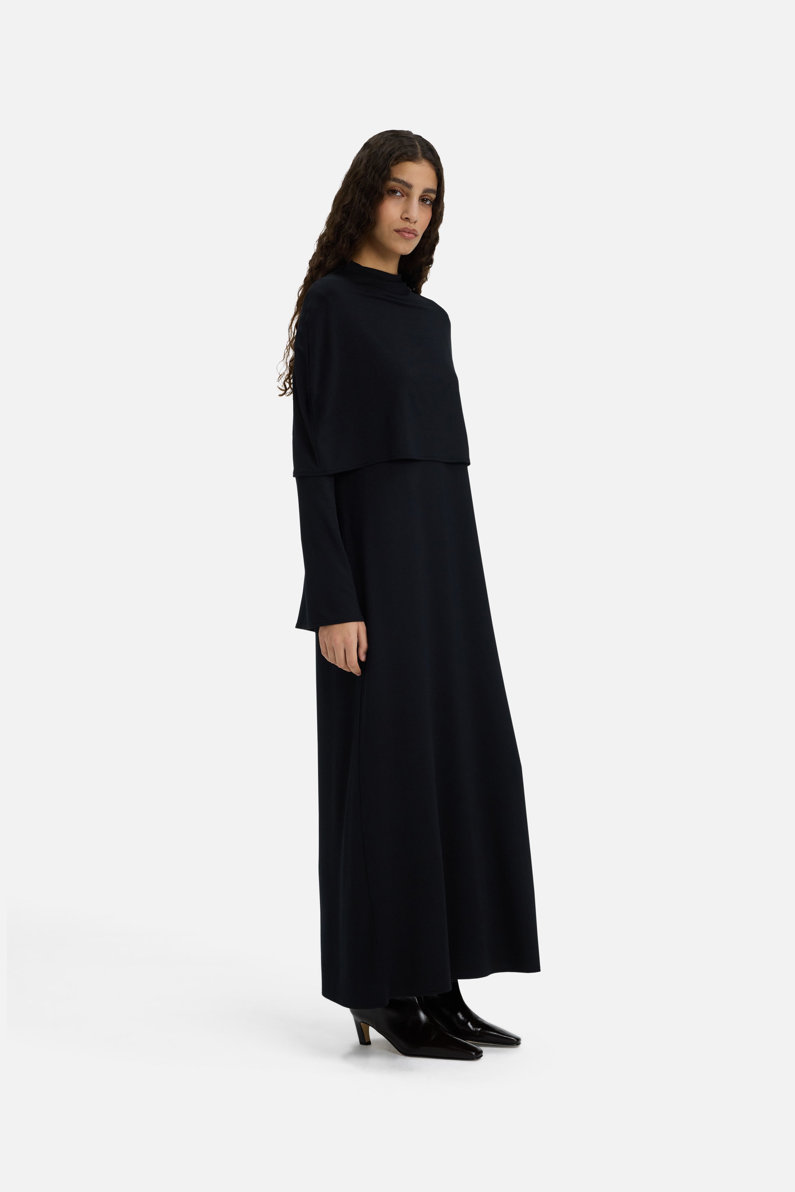 Front view model wearing black dress