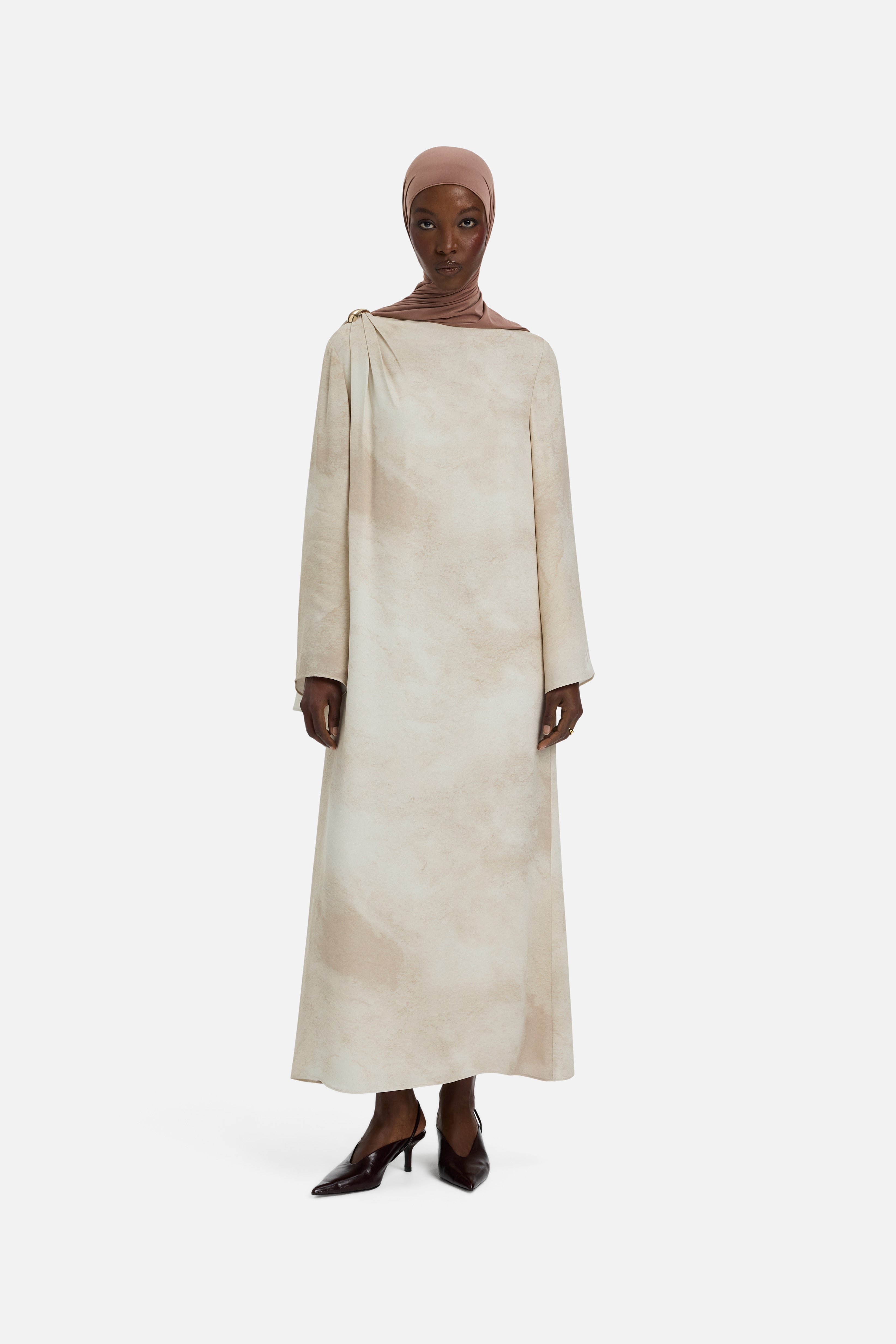 Front view model wearing off white dress marble print