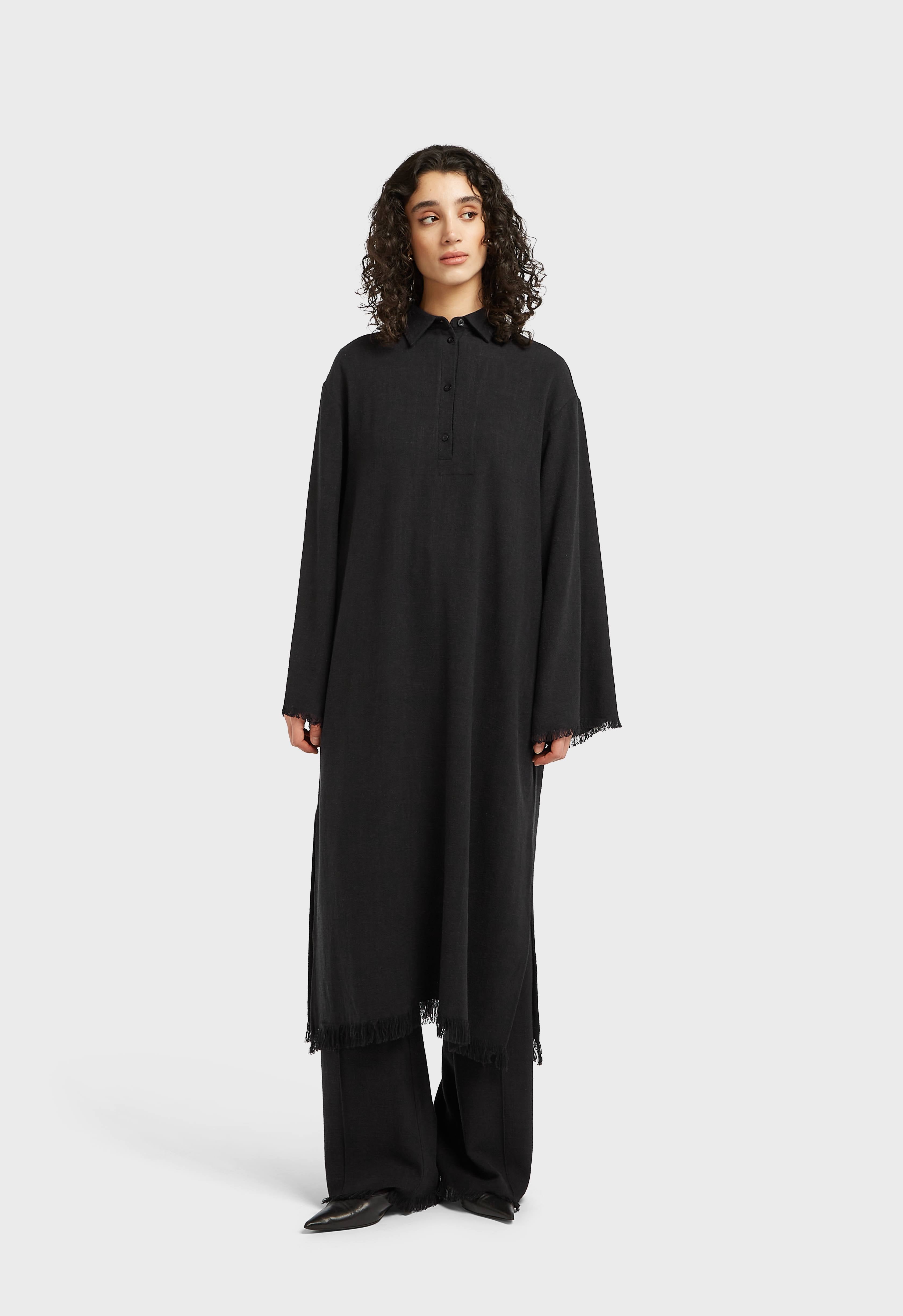 Frayed Hem Shirt Dress | Black