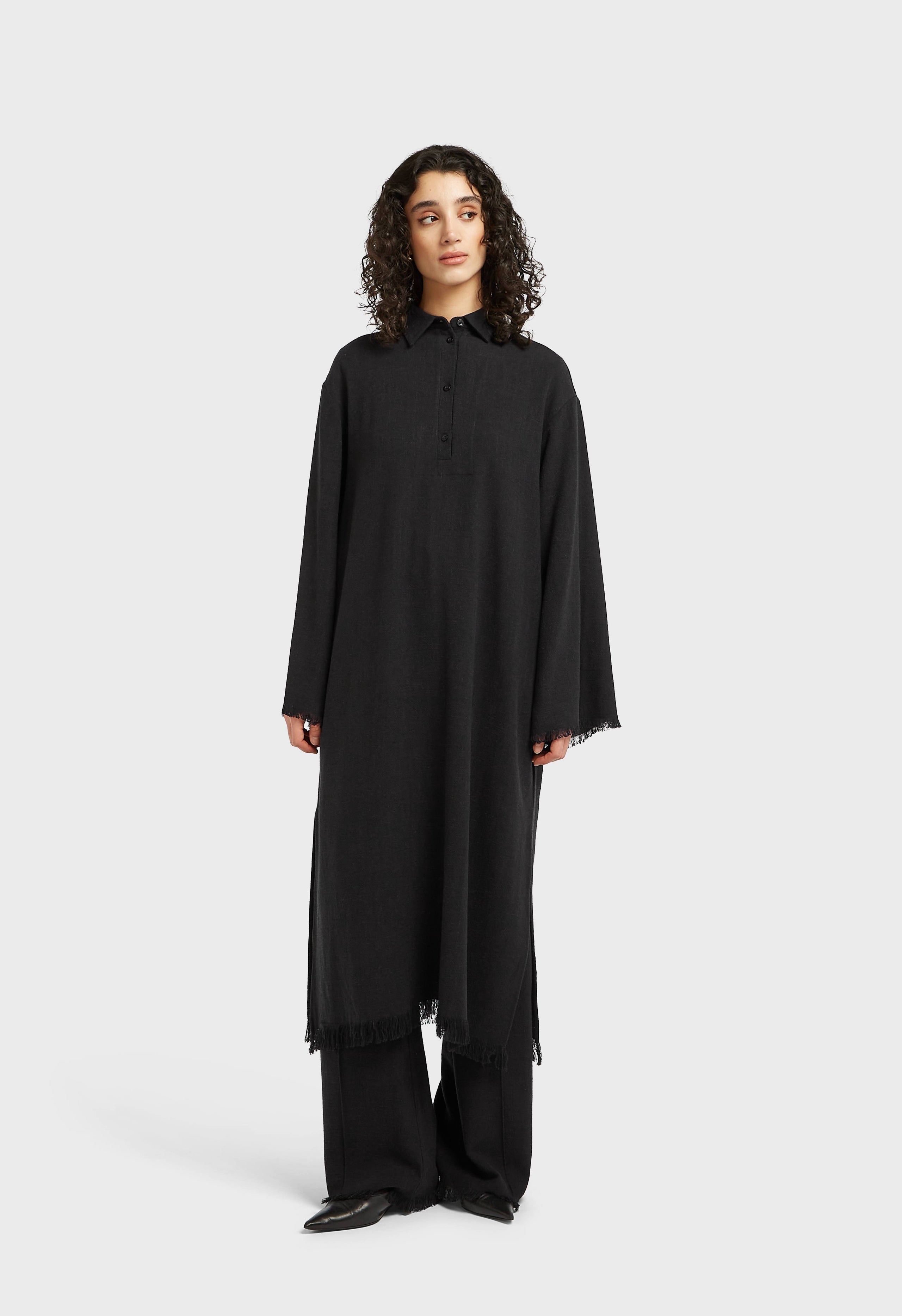 Frayed Hem Shirt Dress | Black