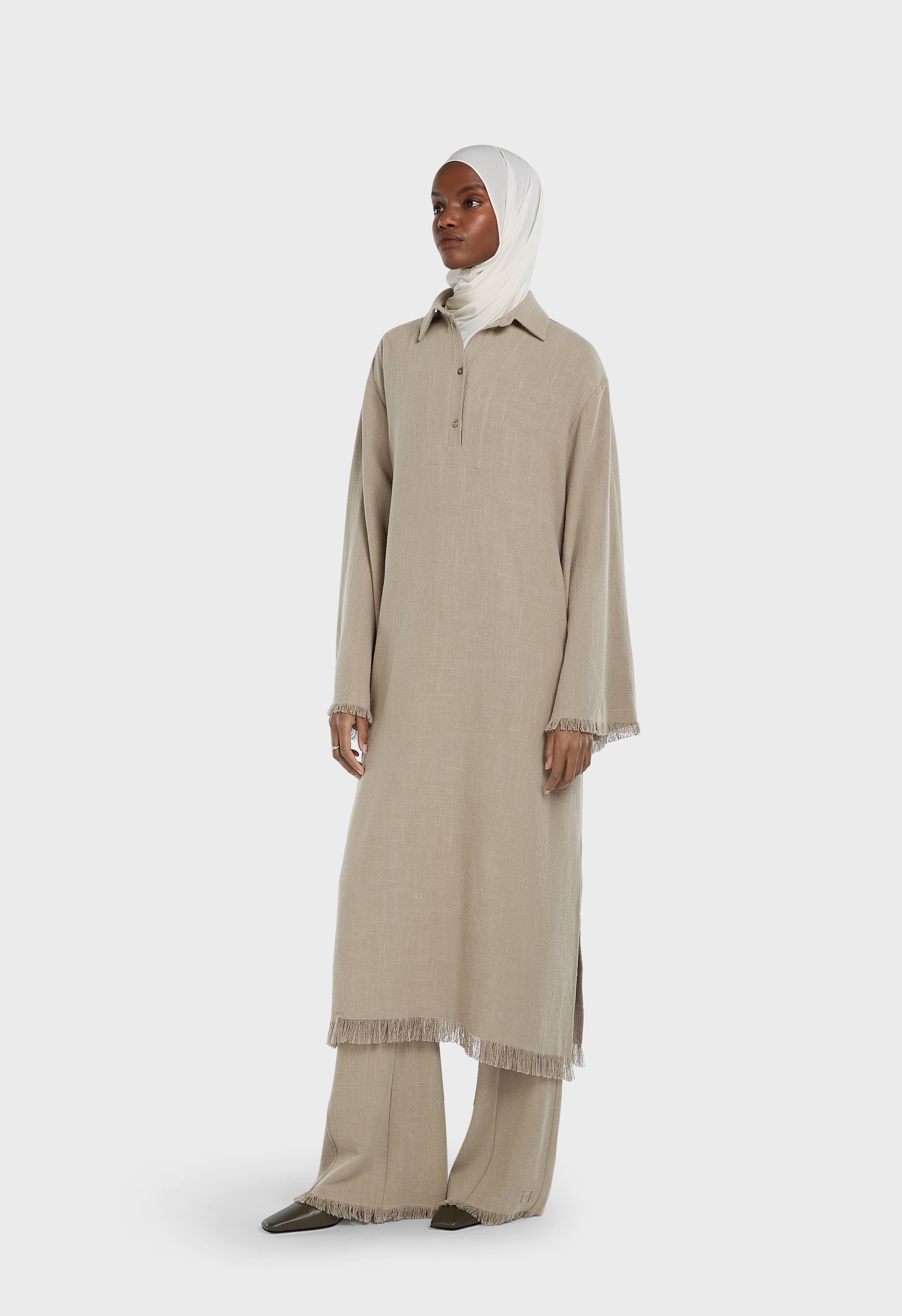 Frayed Hem Shirt Dress | Desert Brown