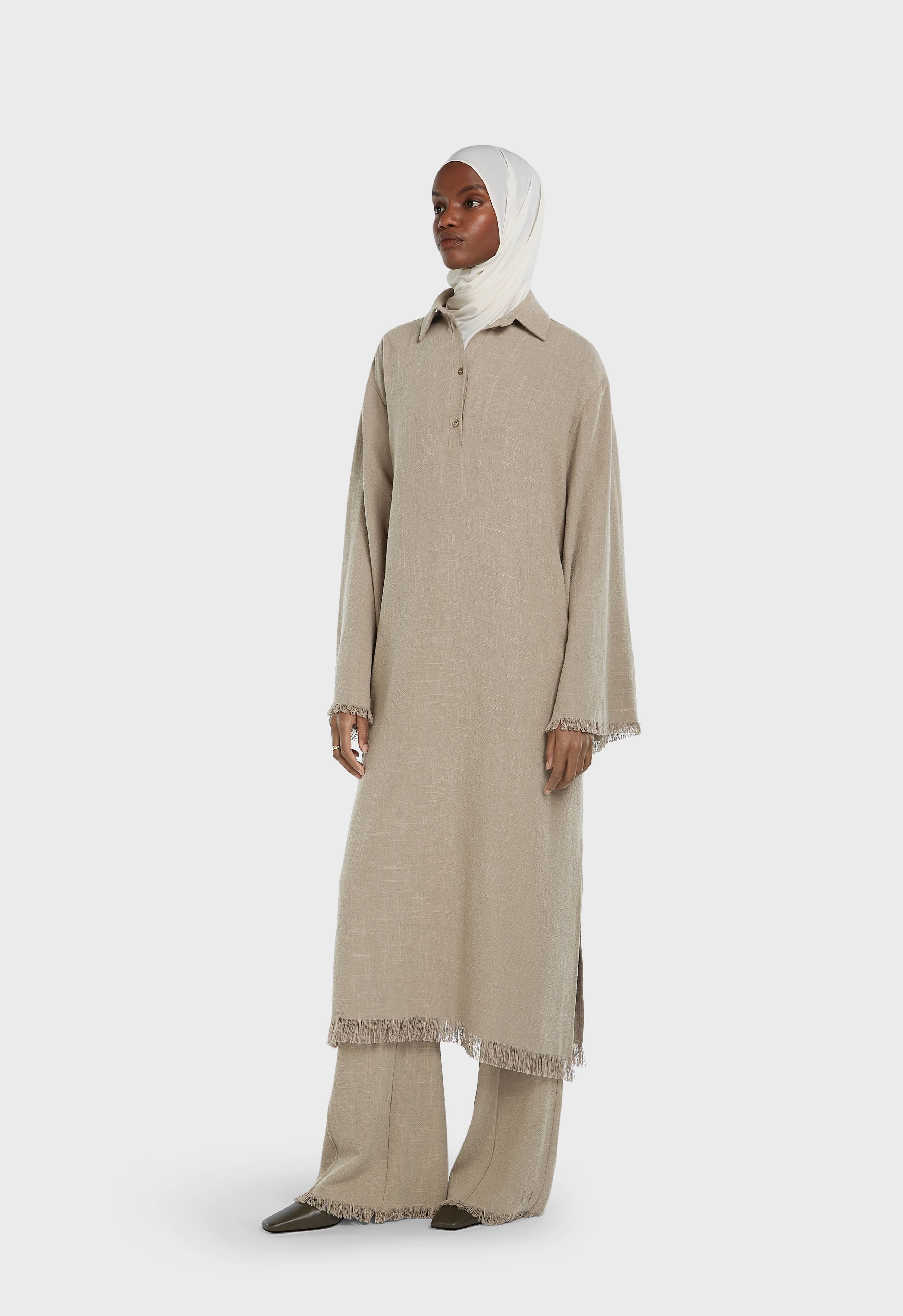Frayed Hem Shirt Dress | Desert Brown