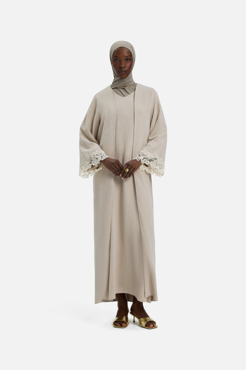 Lace Trim Abaya | Grey Sand 