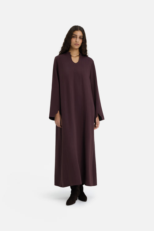 Front view model wearing purple dress
