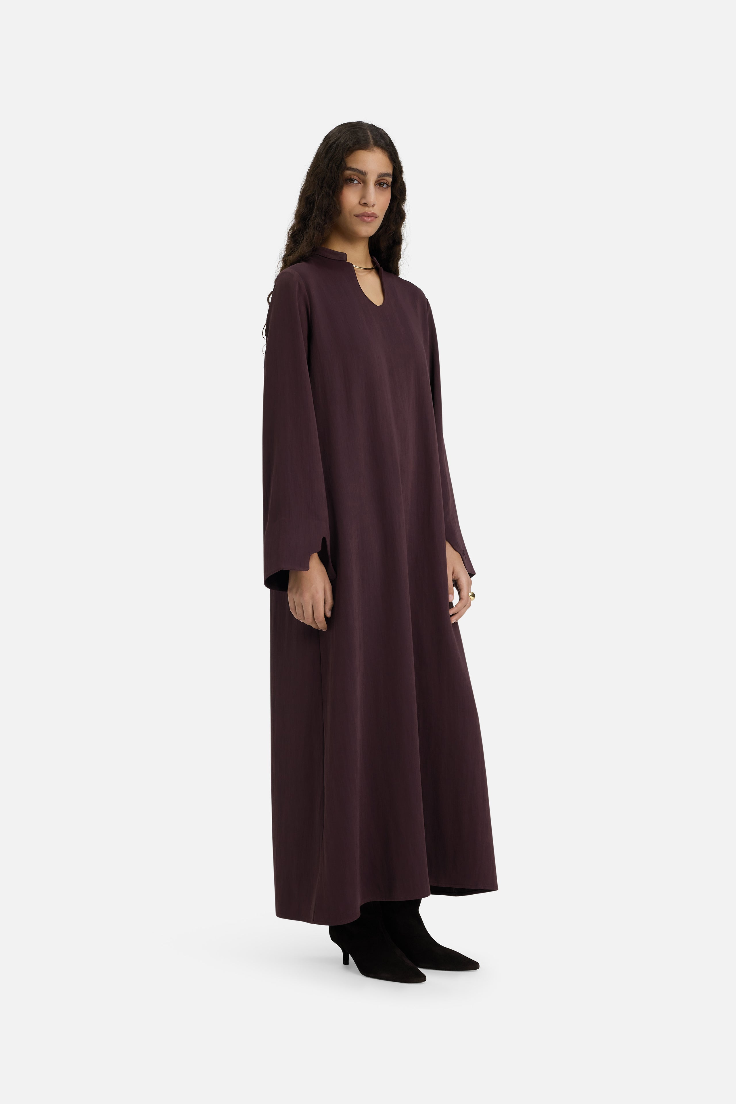 Front view model wearing purple dress