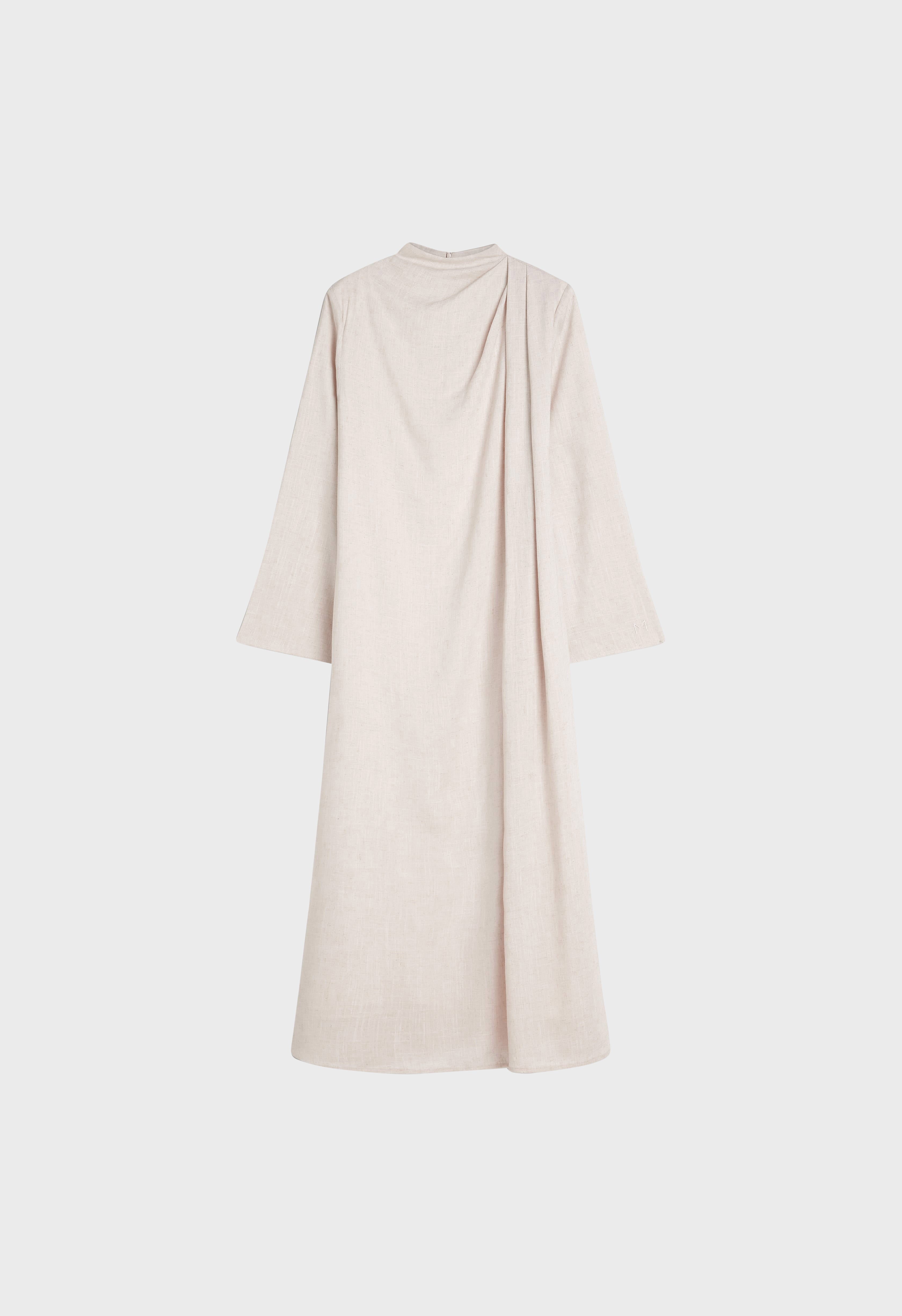 Asymmetric Linen Drape Dress | Beige Melange