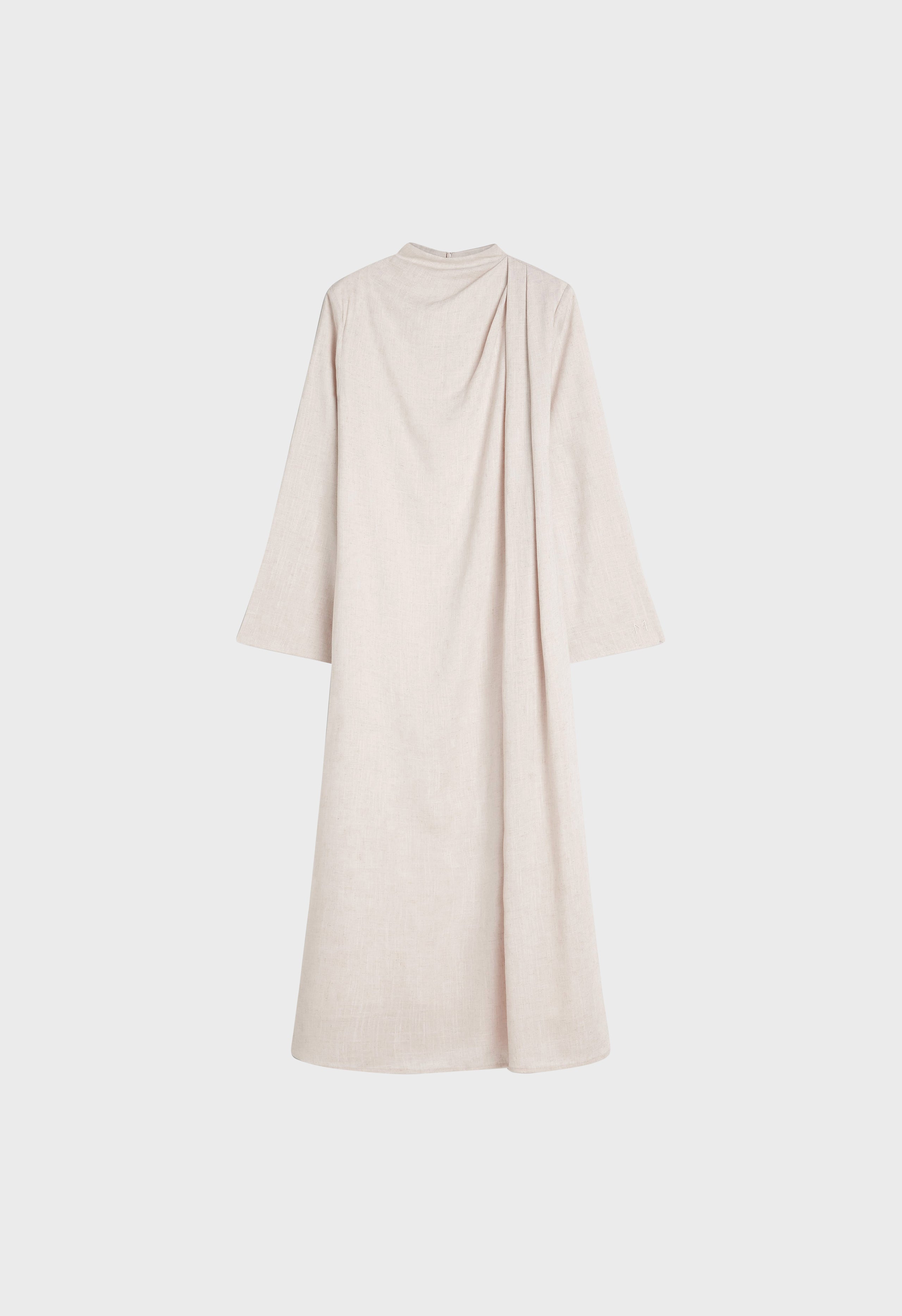 Asymmetric Linen Drape Dress | Beige Melange