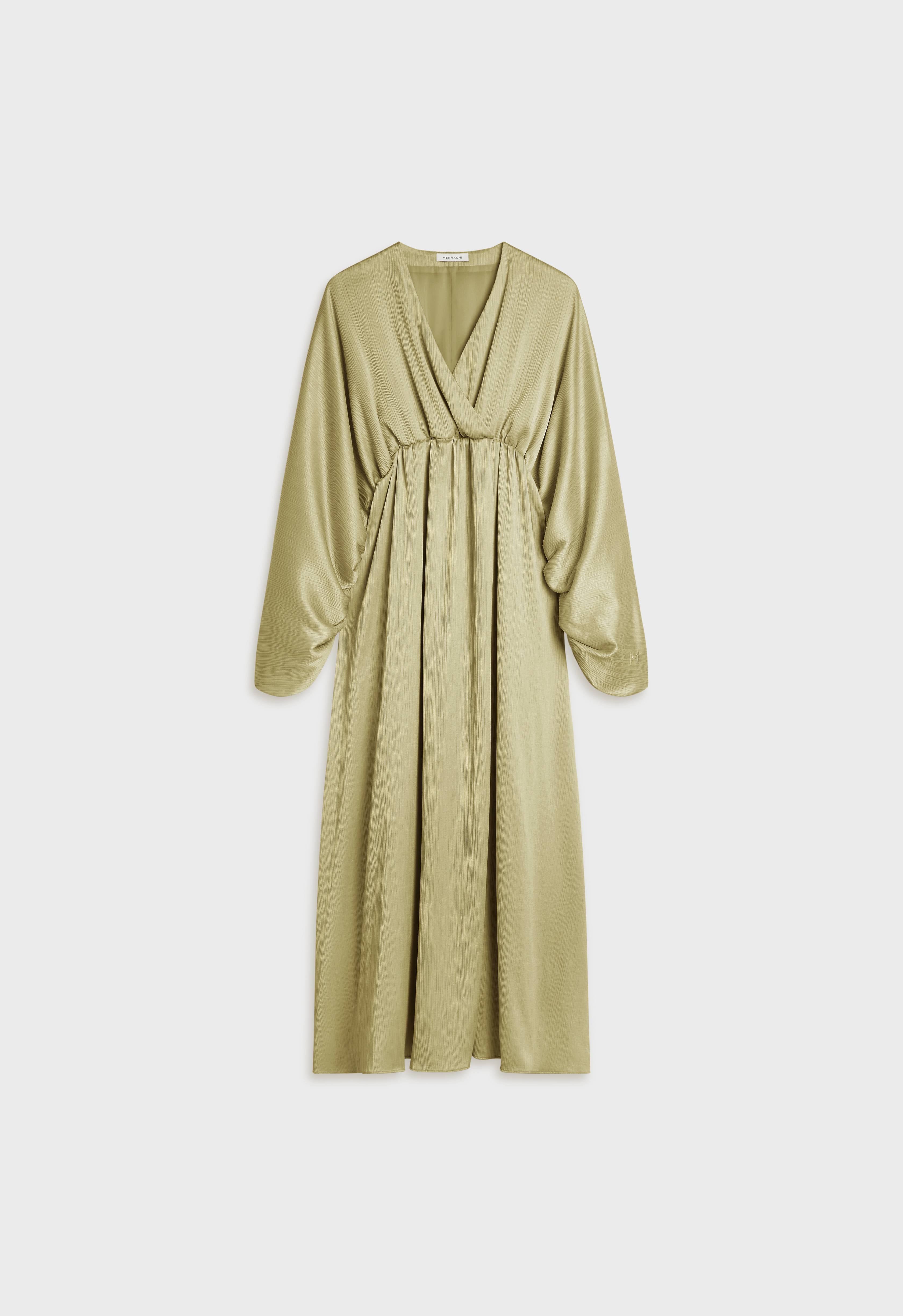 Plisse Gathered Dress | Grey Green | MERRACHI Plisse Gathered Dress | Grey Green | MERRACHI