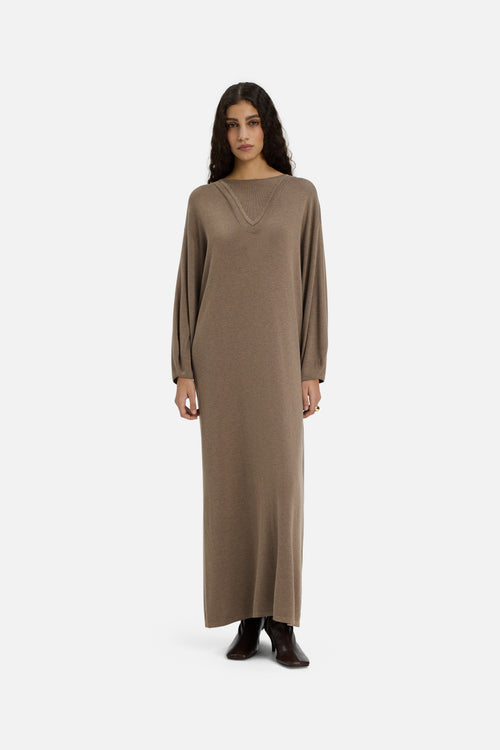 Front view model wearing long brown dress