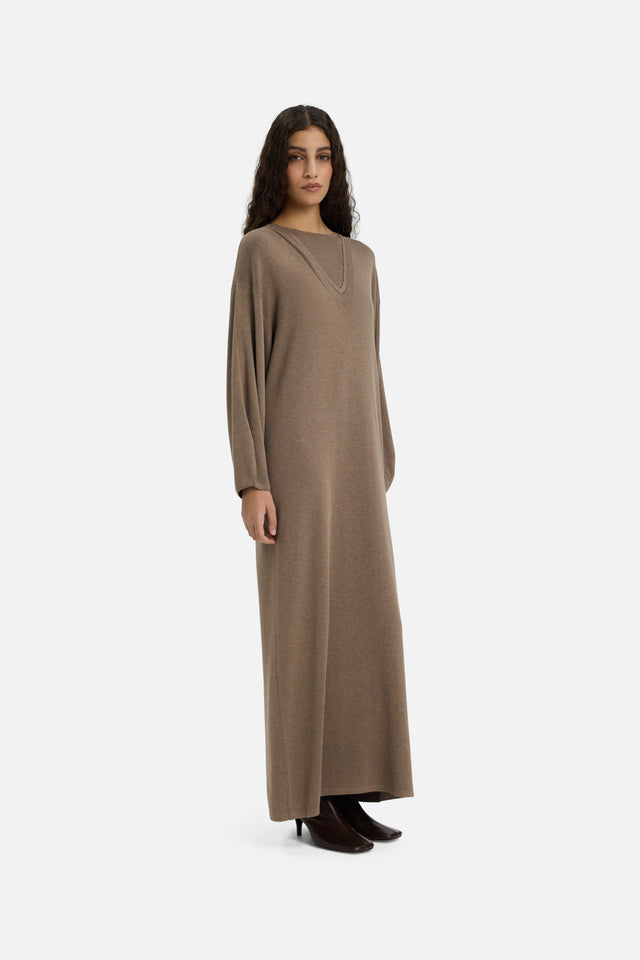 Front view model wearing long brown dress