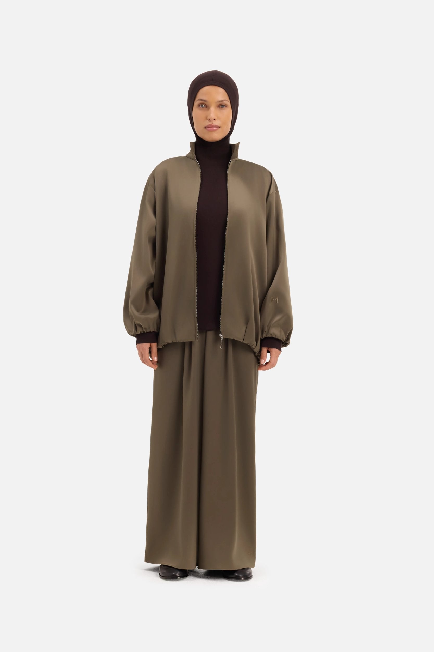 Satin Gathered Trousers | Smoke Green