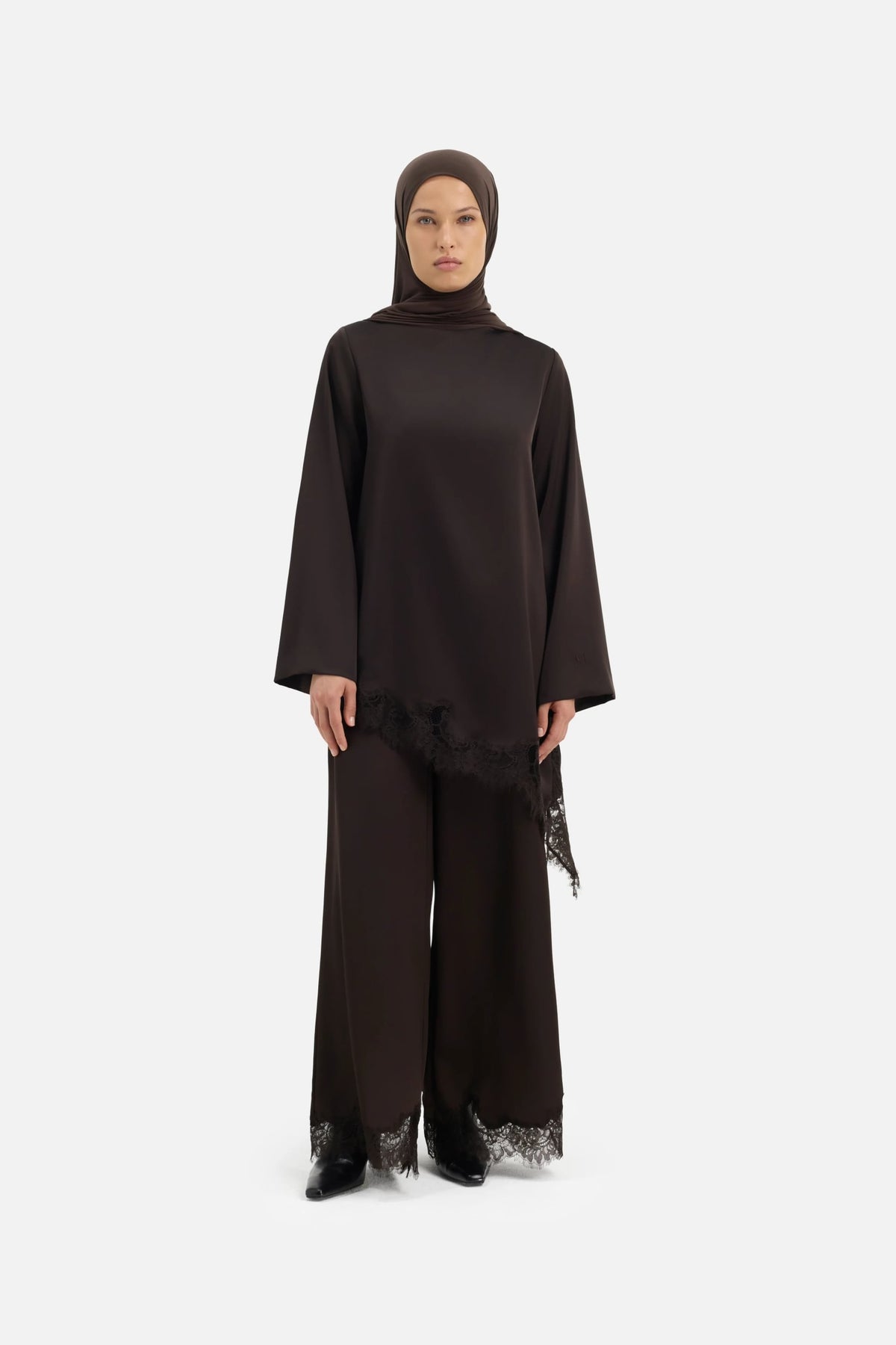 Satin Lace Pants | Dark Truffle
